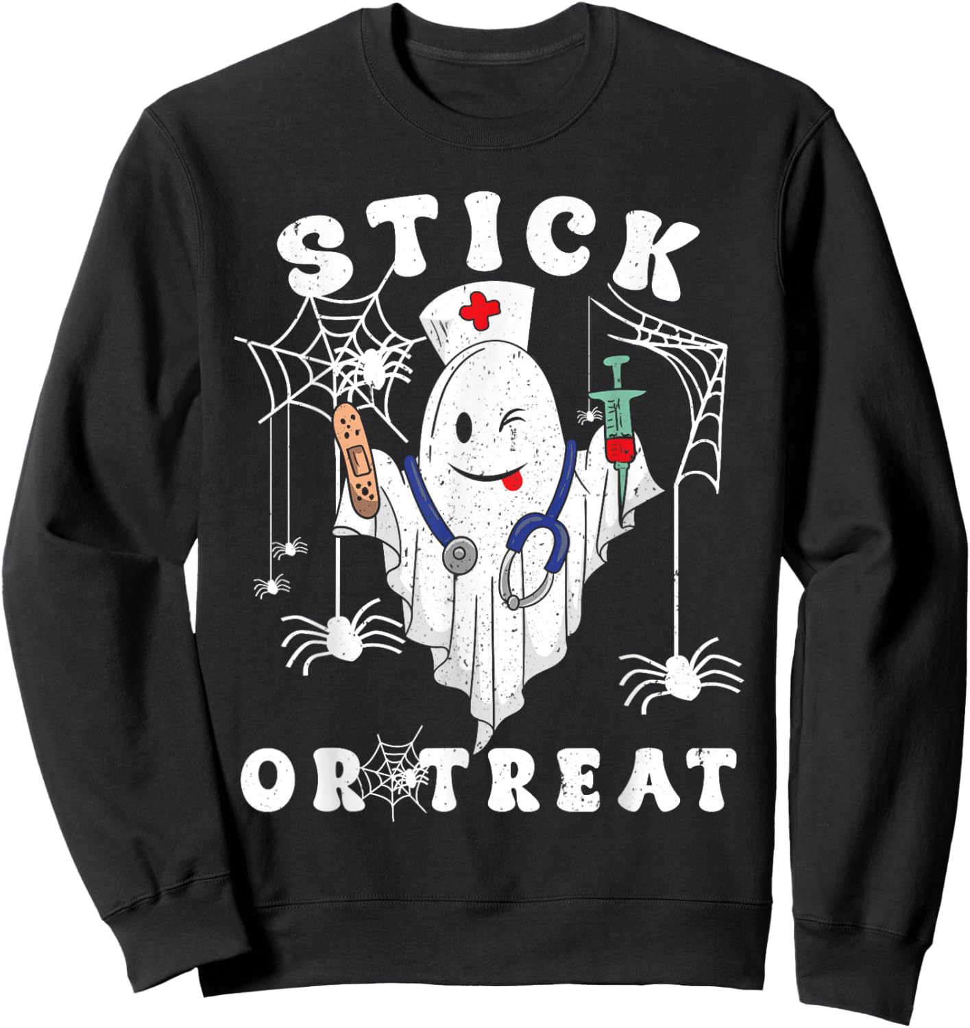 Stick or Treat Nurse Spooky Nurse Costume Funny Halloween Sweatshirt - Sweatshirt | Black