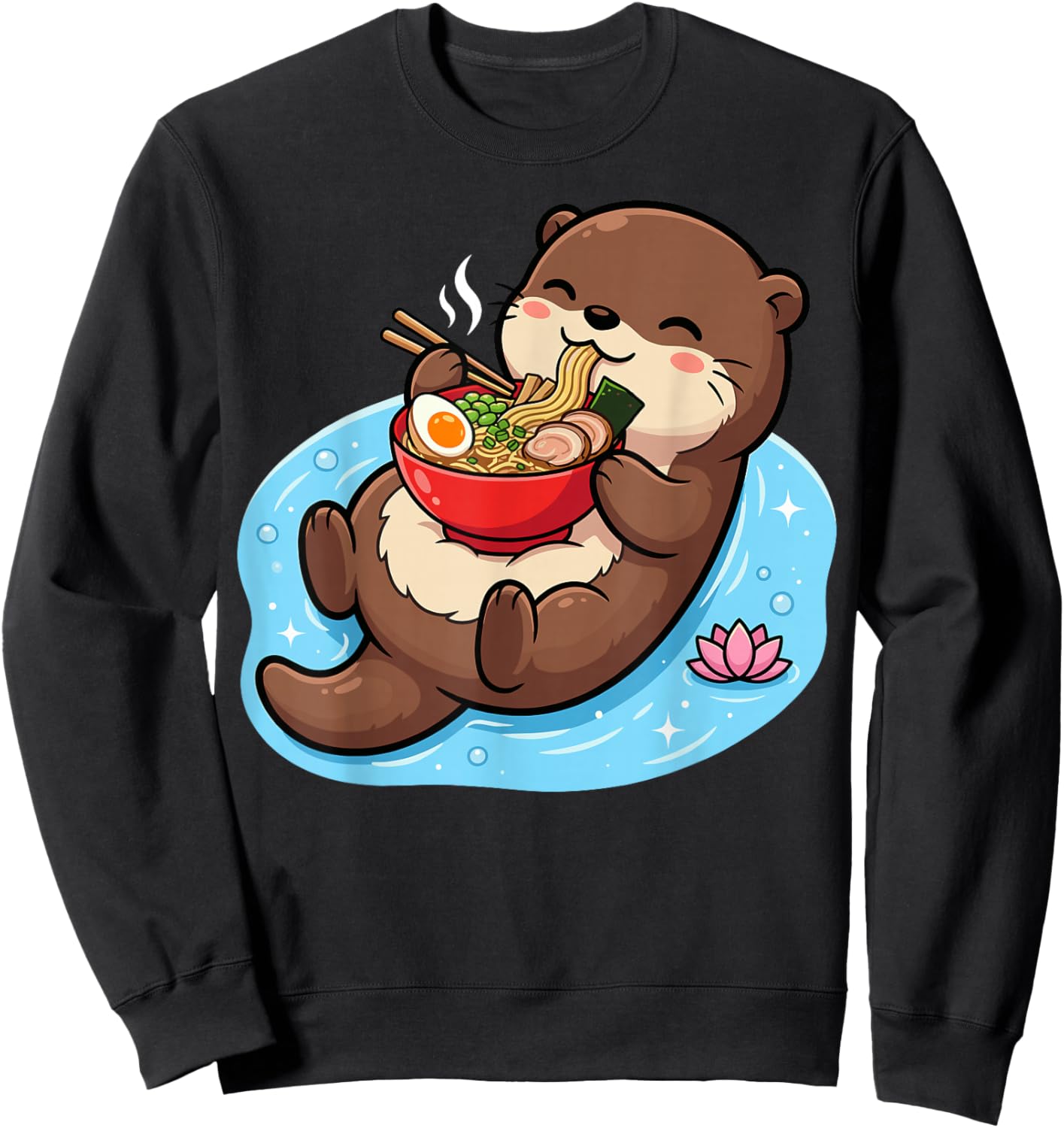 Cute Otter Eating Ramen Bowl Floating in Water Sweatshirt - Sweatshirt | Black