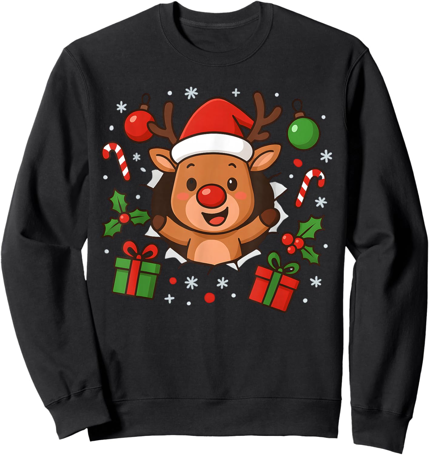 Funny Reindeer Christmas Cute Winter Holiday Cartoon Art Sweatshirt - Sweatshirt | Black