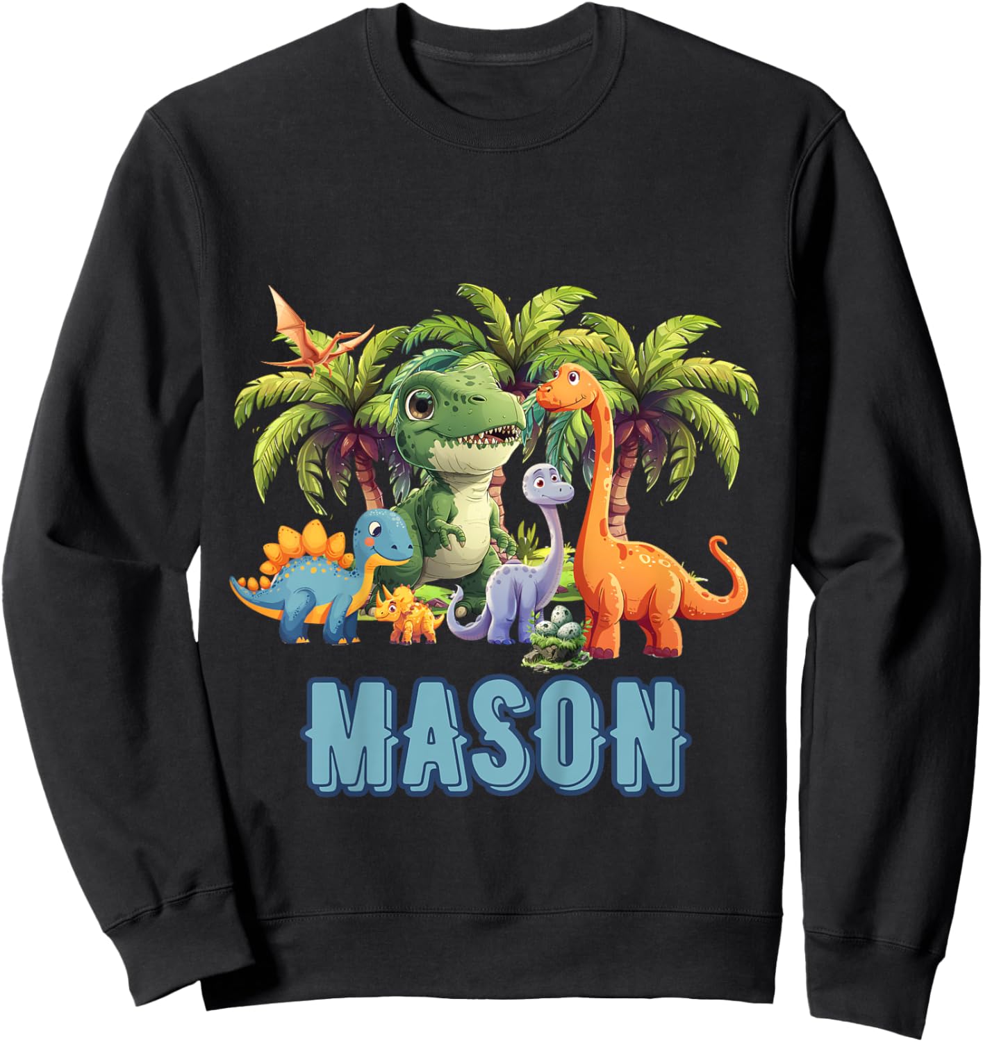 Kids MASON Name Dinosaur Themed Baby Boy Toddler Cute Fun Sweatshirt - Sweatshirt | Black