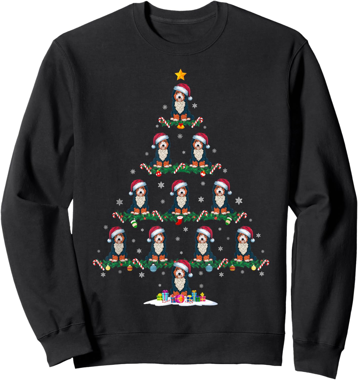 Funny Xmas Tree Bernedoodle Dog Owner Gifts -Adults -Kids Black Short Sleeve Cotton Blend Small Sweatshirt - Sweatshirt | Black