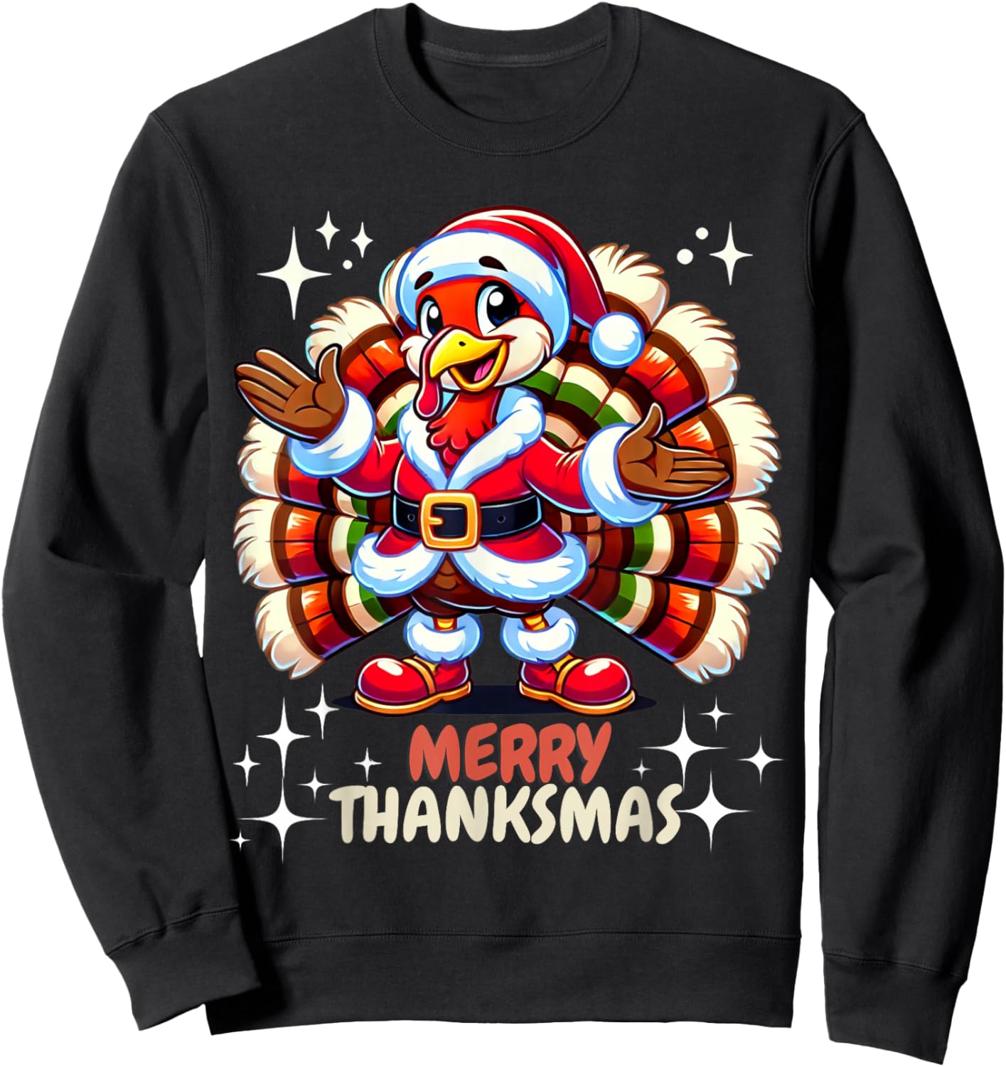 Funny Merry Thanksmas Thanksgiving Turkey Xmas Sweatshirt - Sweatshirt | Black