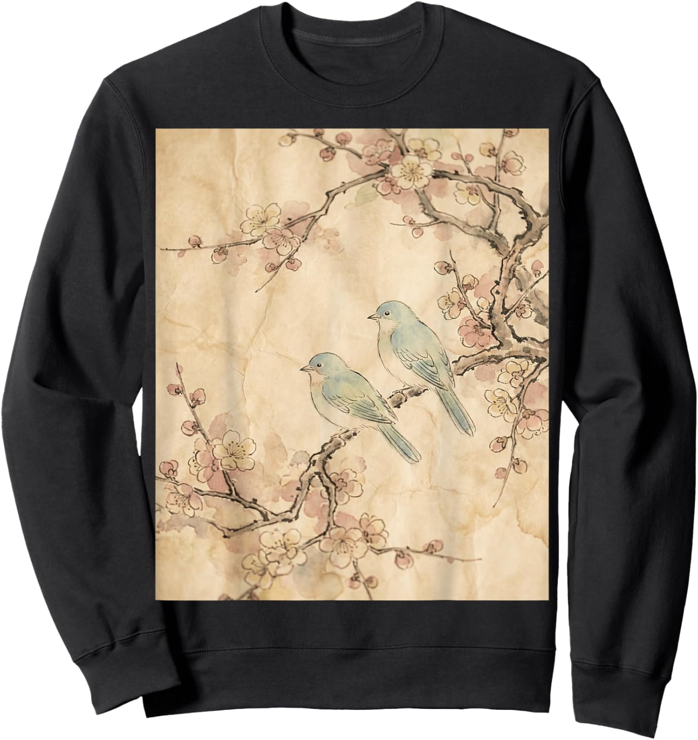 Sakura Blossom Birds Japanese Ink Painting Art Sweatshirt - Sweatshirt | Black
