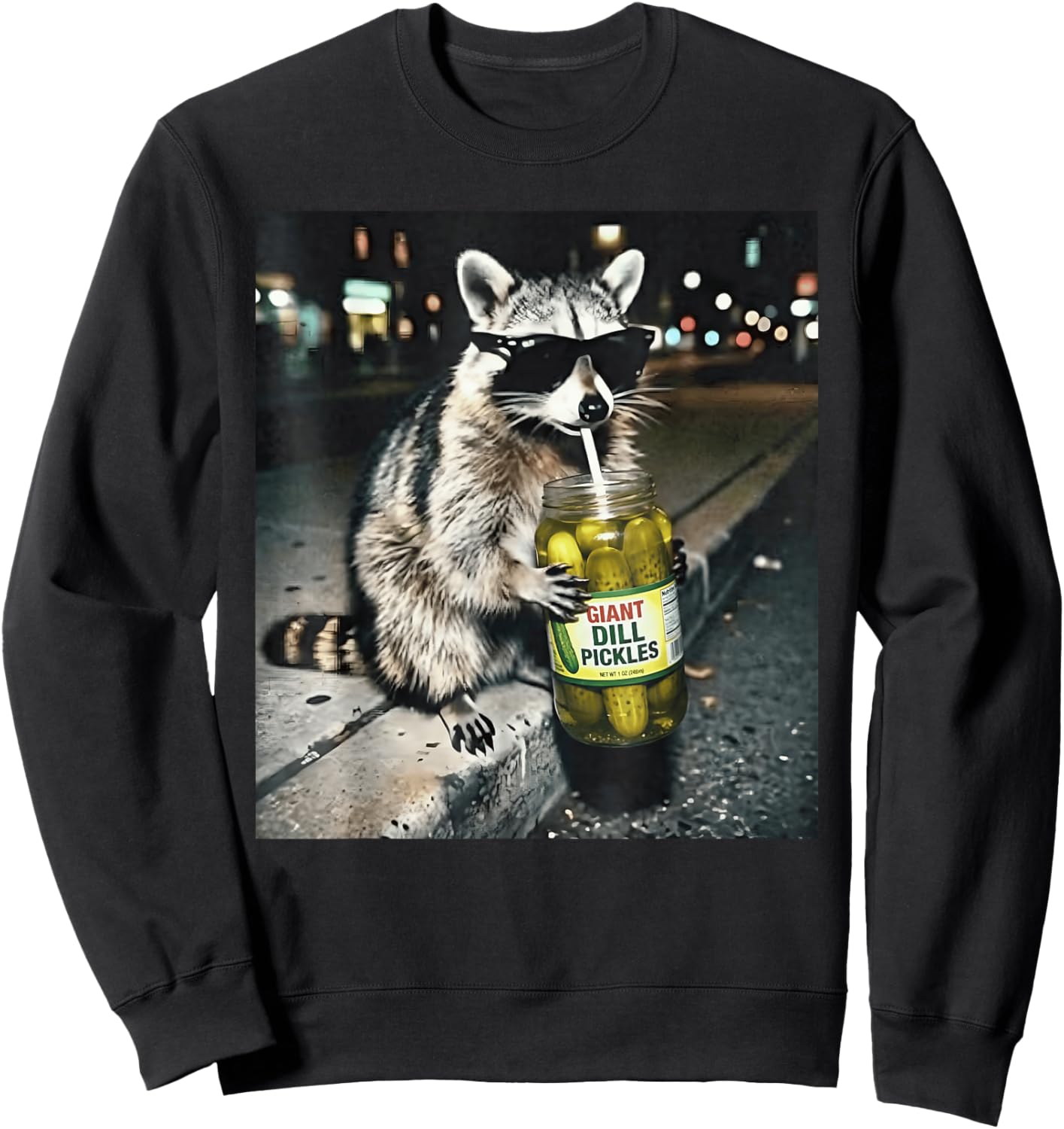 Raccoon Drinking Pickles Funny Urban Animal Sunglasses Sweatshirt - Sweatshirt | Black