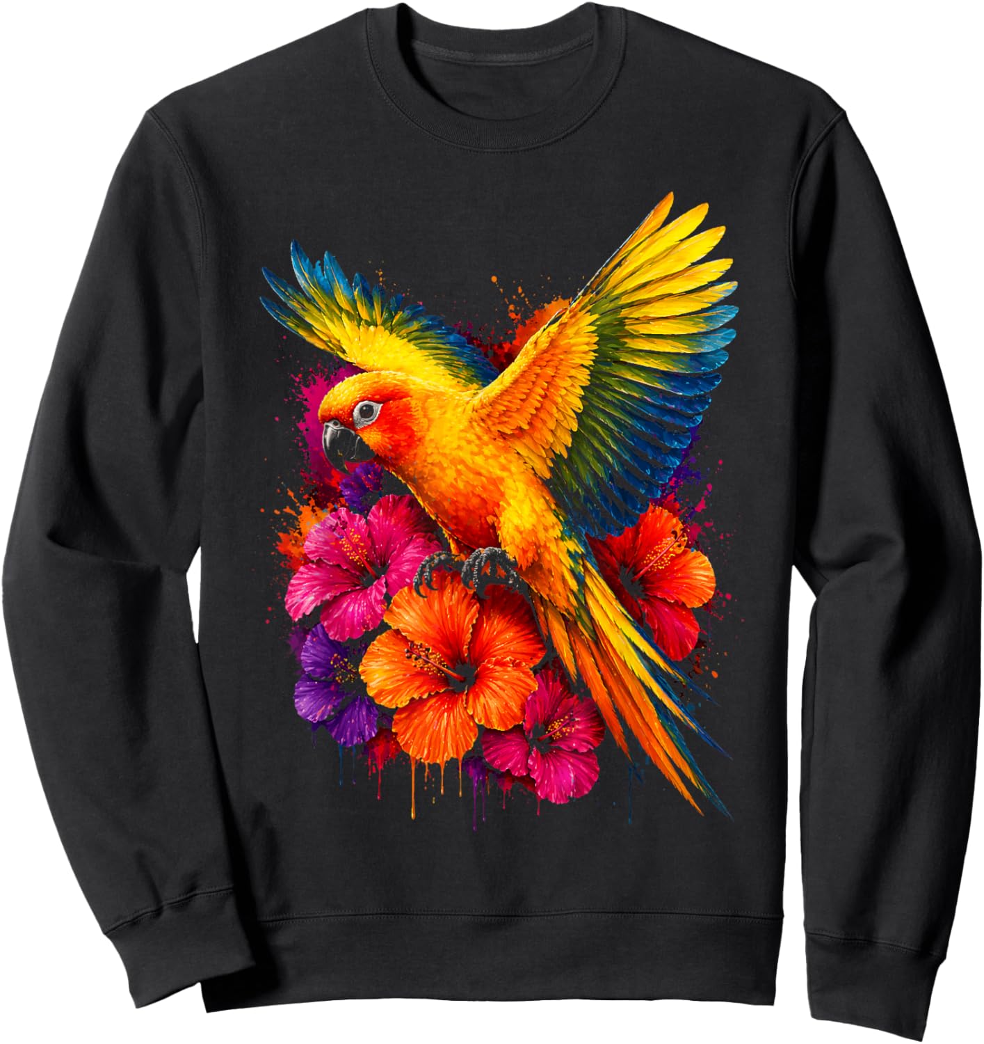 Aquarelle Floral Soleil Conure Hibiscus Fleurs Amoureux des Oiseaux Sweatshirt - Sweatshirt | Black