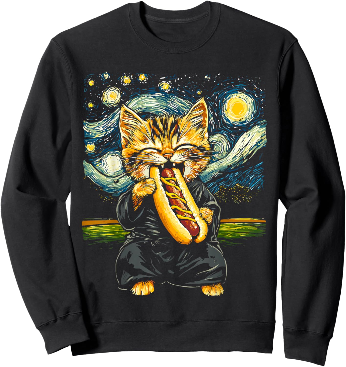 Funny Cat Eating a Hot Dog Under Starry Sky Men Women Kids Sweatshirt - Sweatshirt | Black