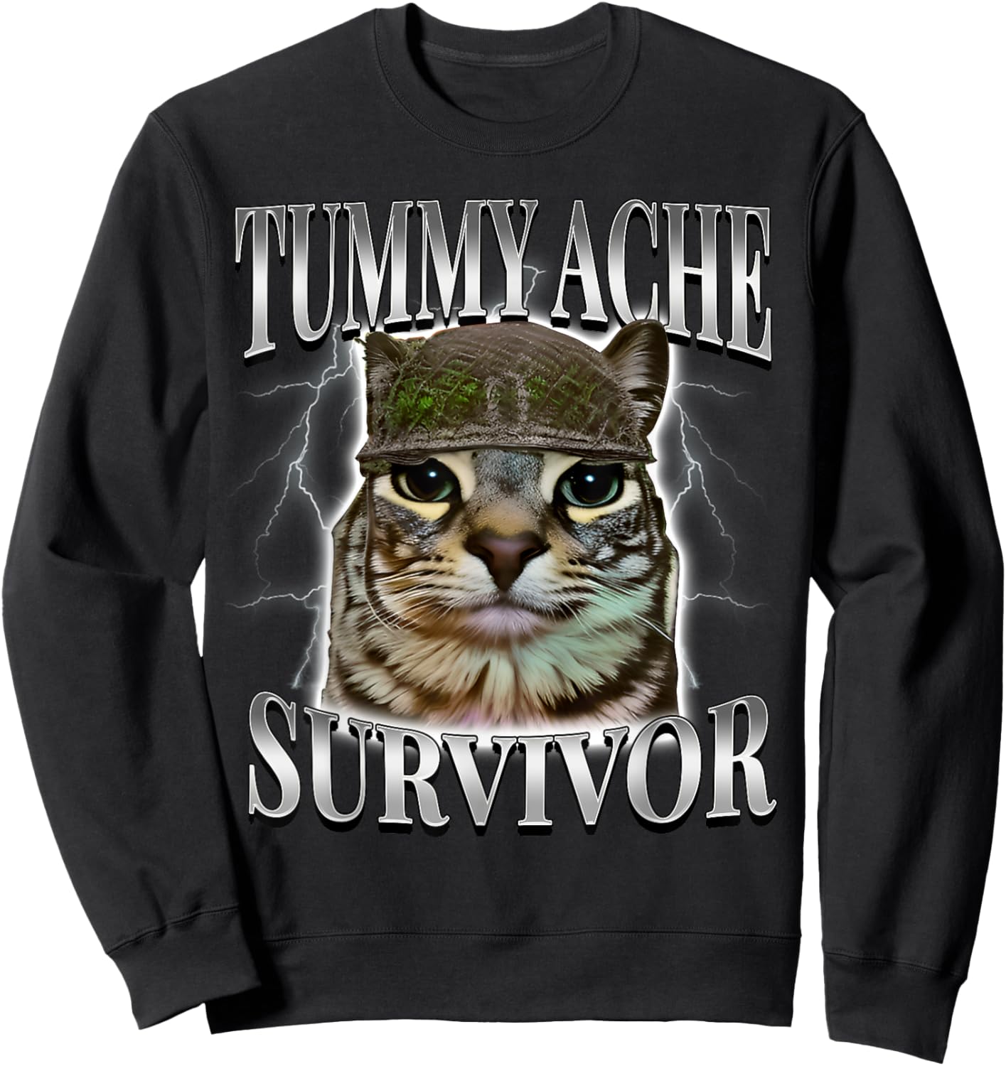Tummy Ache Survivor Cat Meme Funny Saying Cats Animals Sweatshirt - Sweatshirt | Black