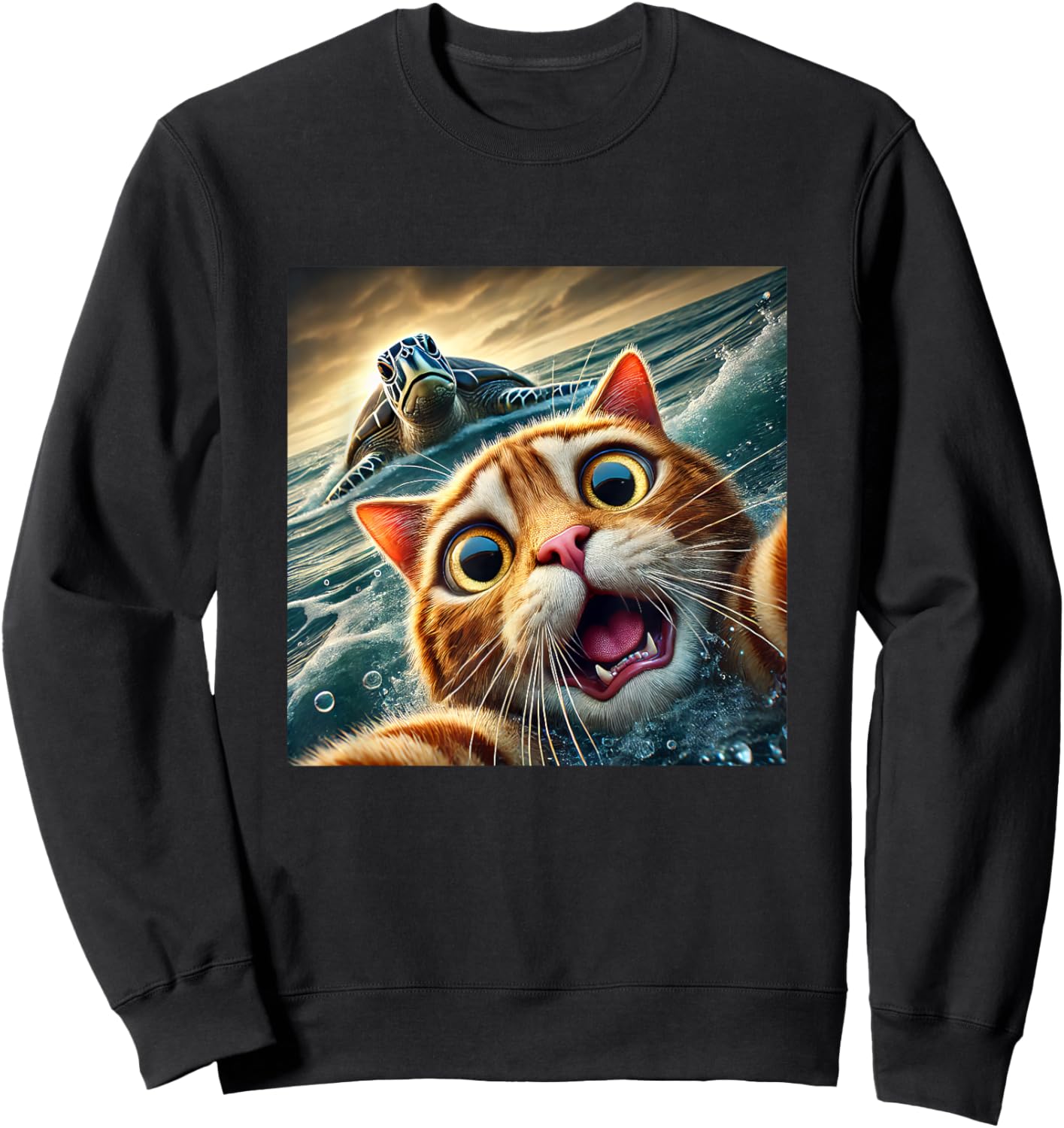 Funny Cat Taking Selfie With Sea Turtle Sweatshirt - Sweatshirt | Black