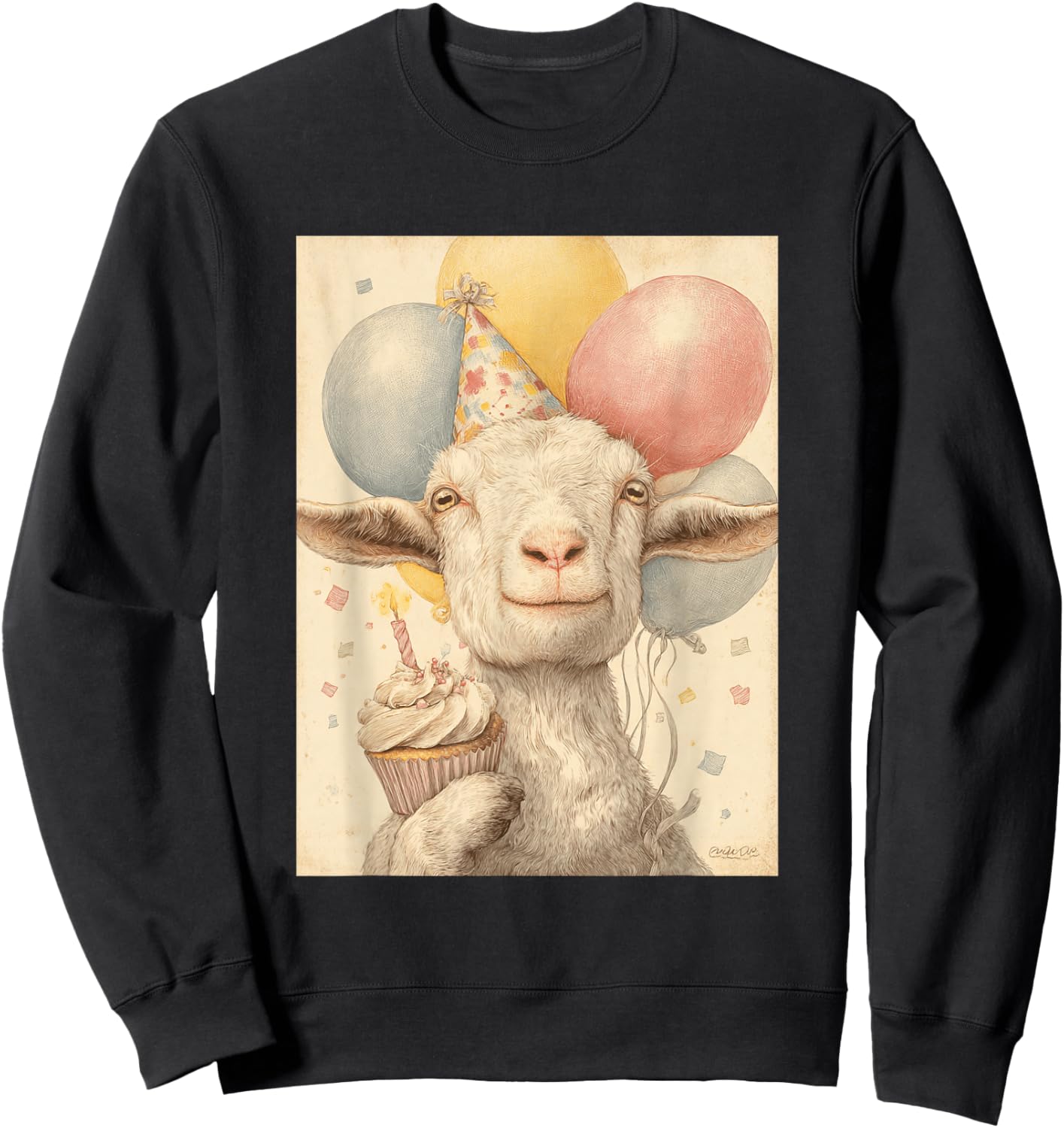 Goat Retro Art Print Birthday Party Balloons & Cupcake Sweatshirt - Sweatshirt | Black