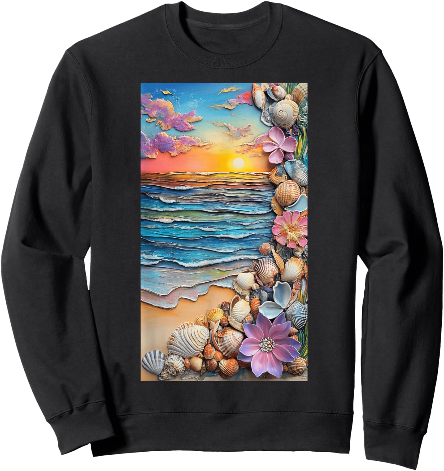 Sunset Beach Scene Seashells Ocean art Sweatshirt - Sweatshirt | Black