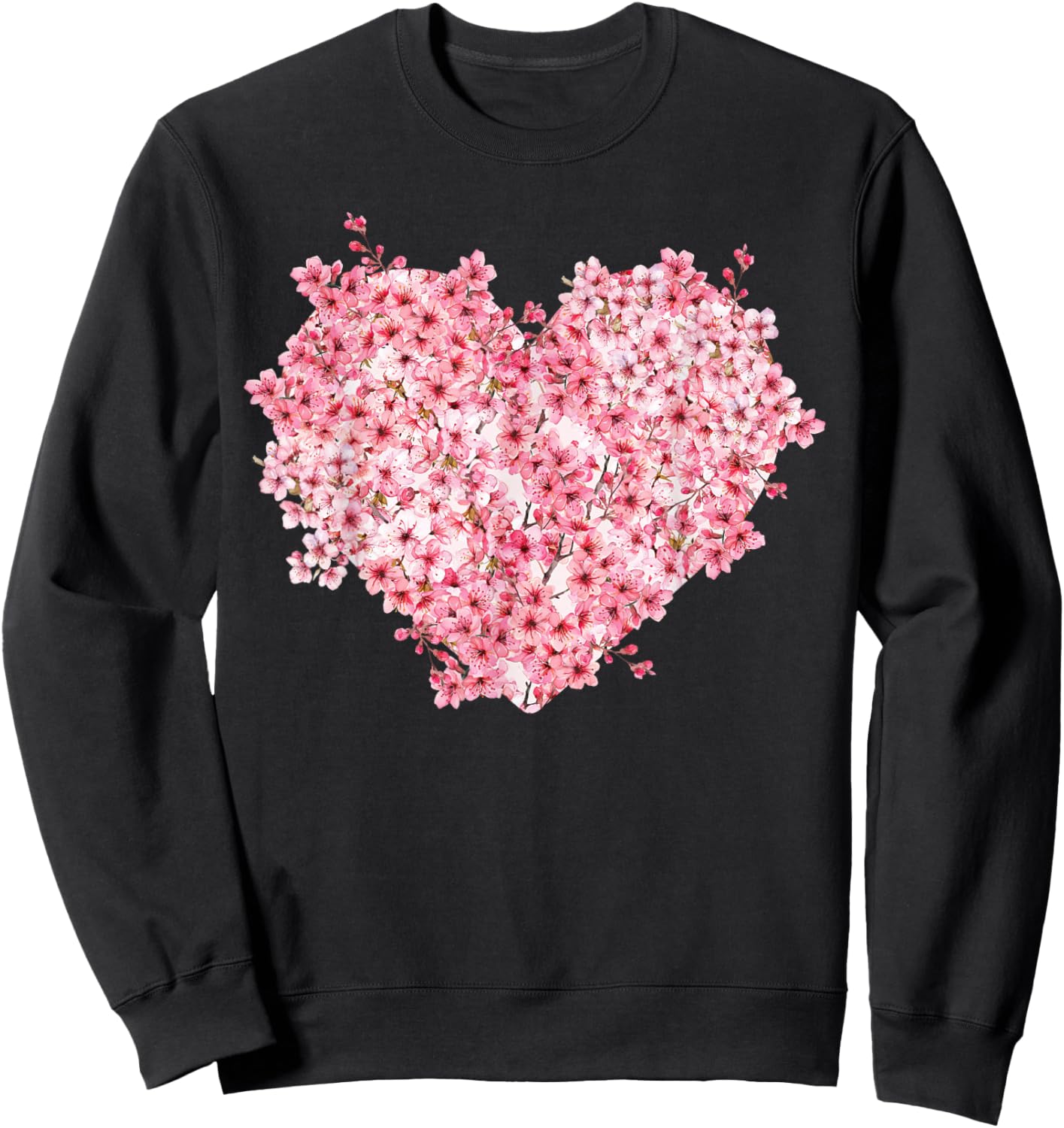 Cool Japanese Sakura Cherry Blossom Floral Heart Graphic Sweatshirt - Sweatshirt | Black