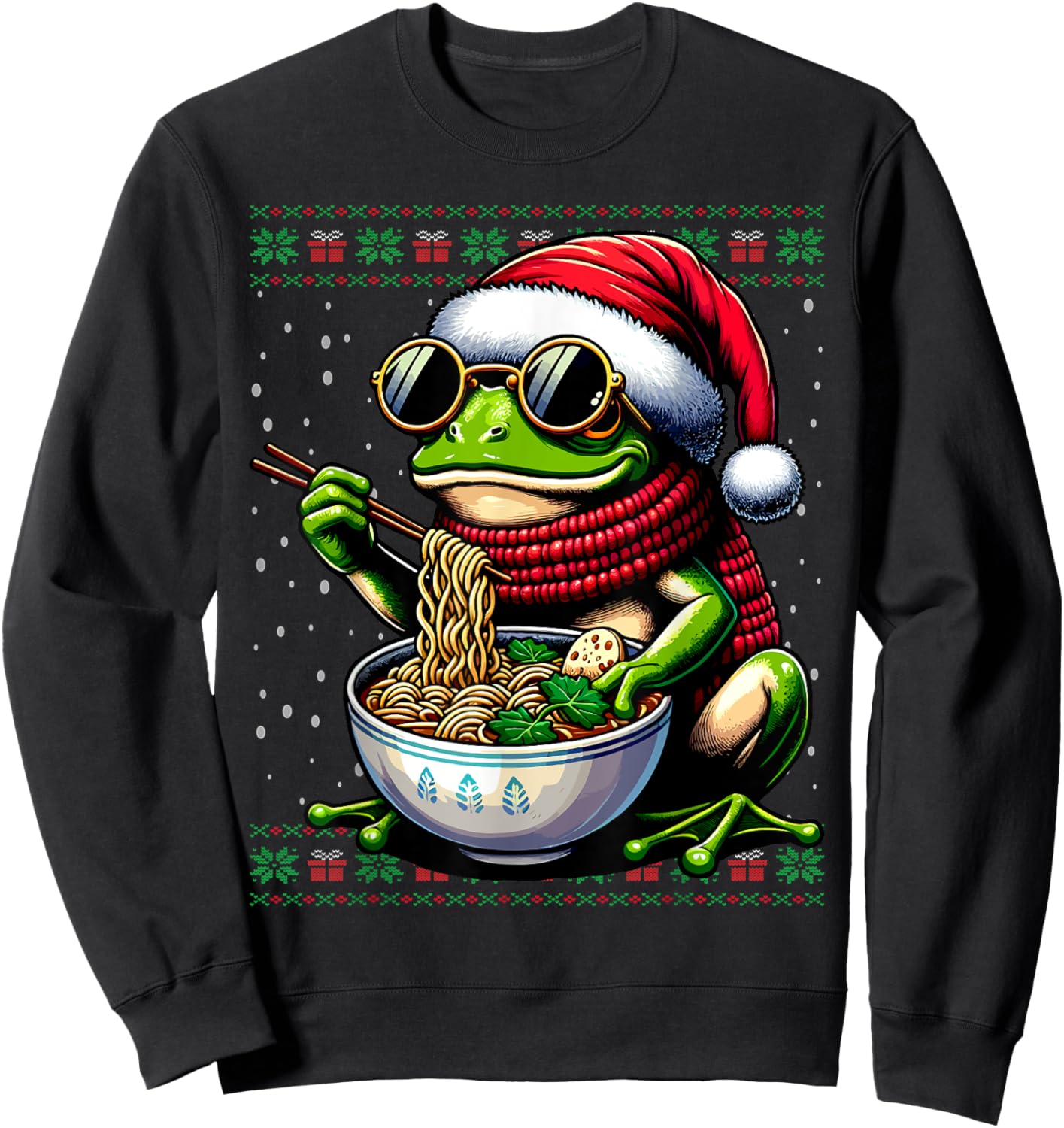 Christmas Frog Eating Ramen Ugly Christmas Sweater Sweatshirt - Sweatshirt | Black