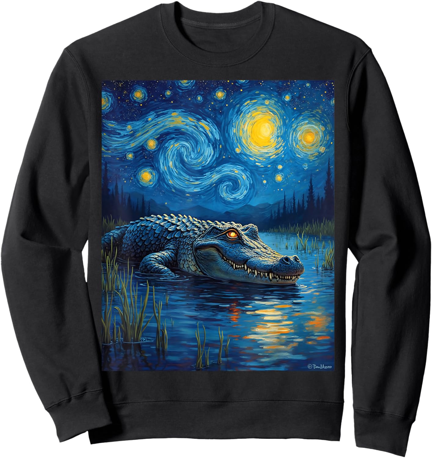 Van Gogh's Starry Night Alligator Crocodile Swamp Art Sweatshirt - Sweatshirt | Black