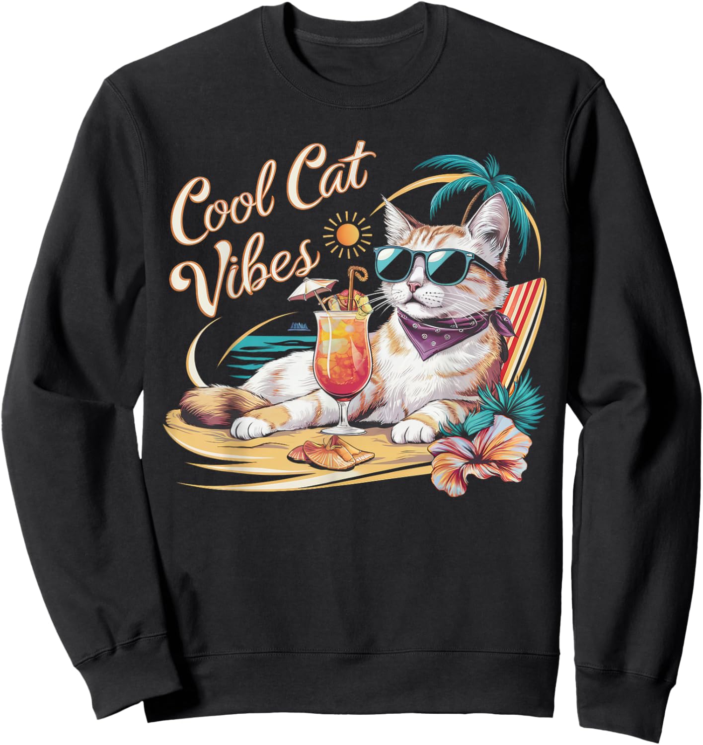 Cool Cat Vibes, A chic Fashionable Cat Tropical Beach Sweatshirt - Sweatshirt | Black
