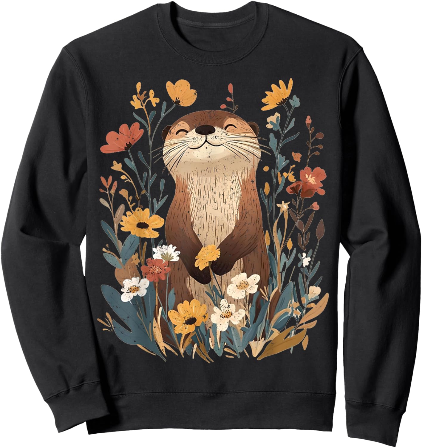 Aesthetic Goblincore Wildflower Art Floral Sea Otters Lover Sweatshirt - Sweatshirt | Black