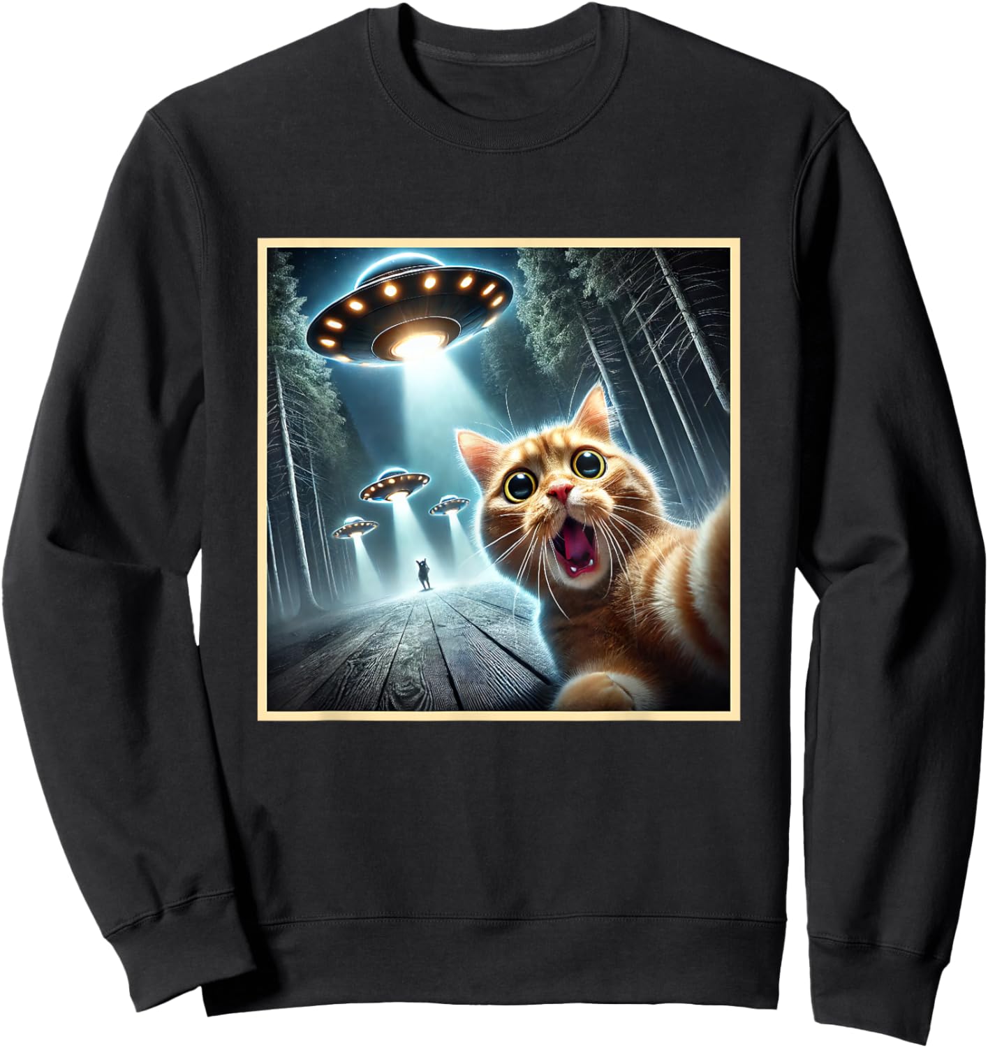 Funny Cat Taking A Selfie With UFO Sweatshirt - Sweatshirt | Black