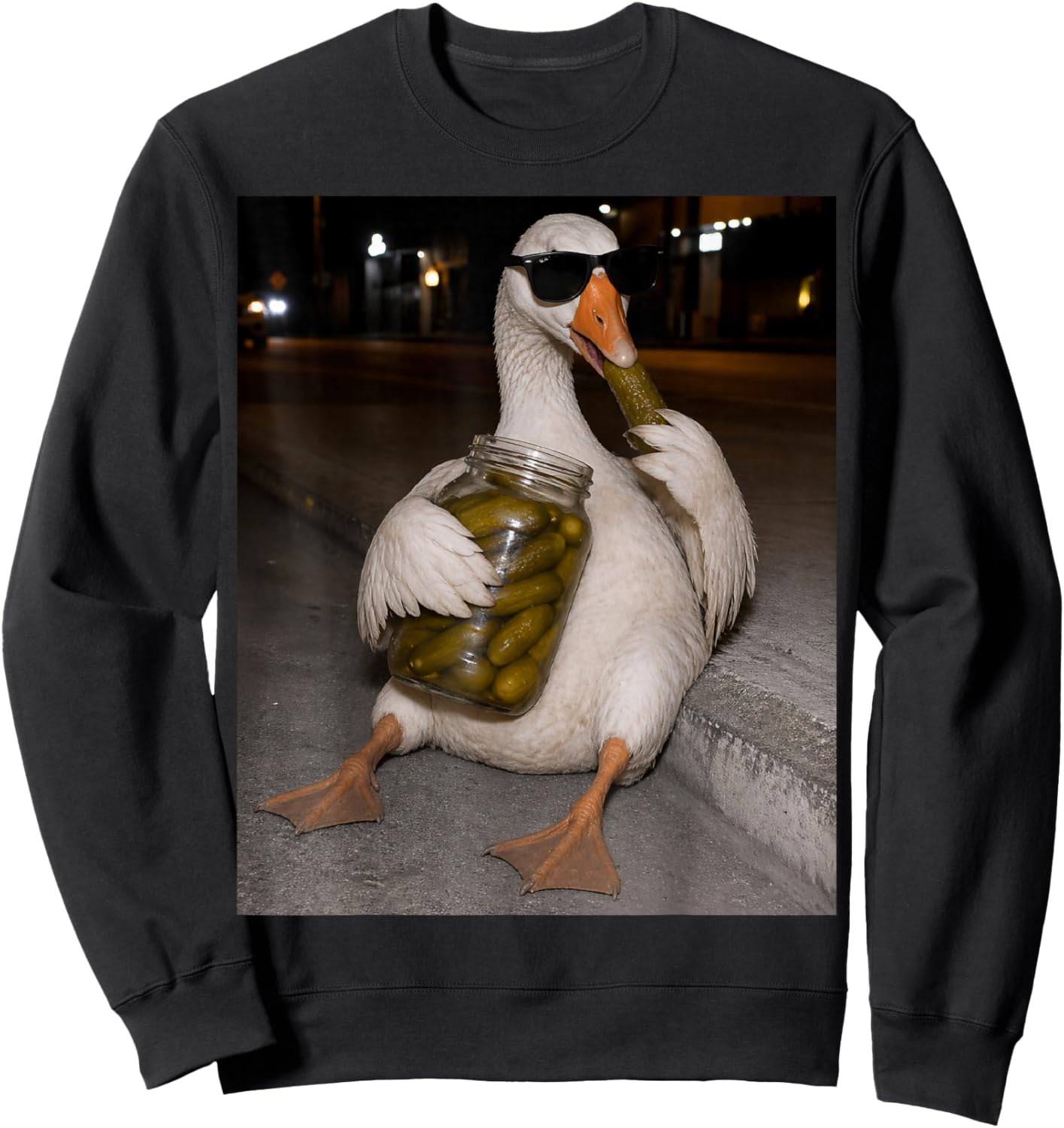 Funny Goose Eating Pickles Meme Men Women Sweatshirt - Sweatshirt | Black