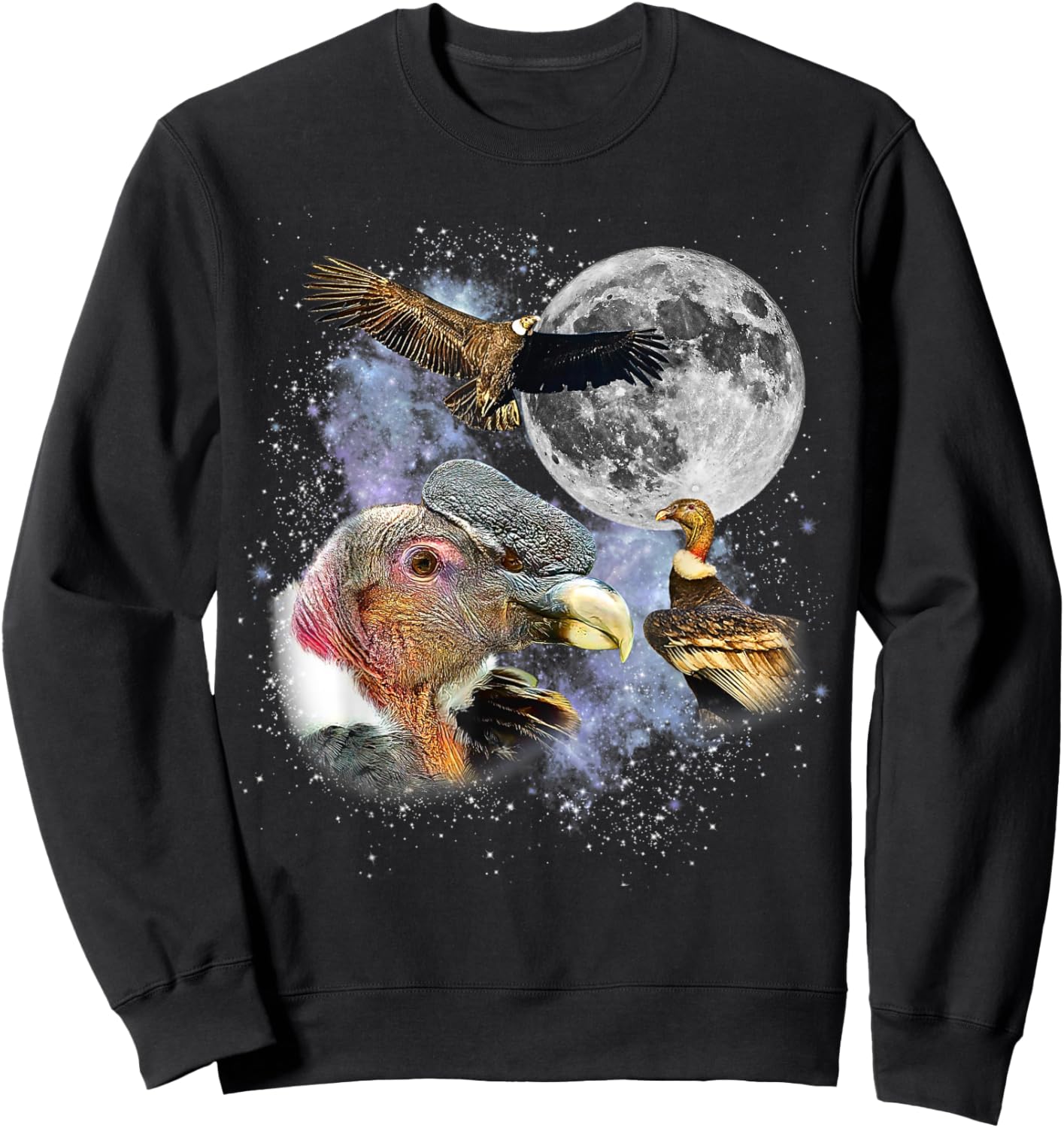 Three Andean Condor Moon Retro Graphic 90s Vintage Sweatshirt - Sweatshirt | Black