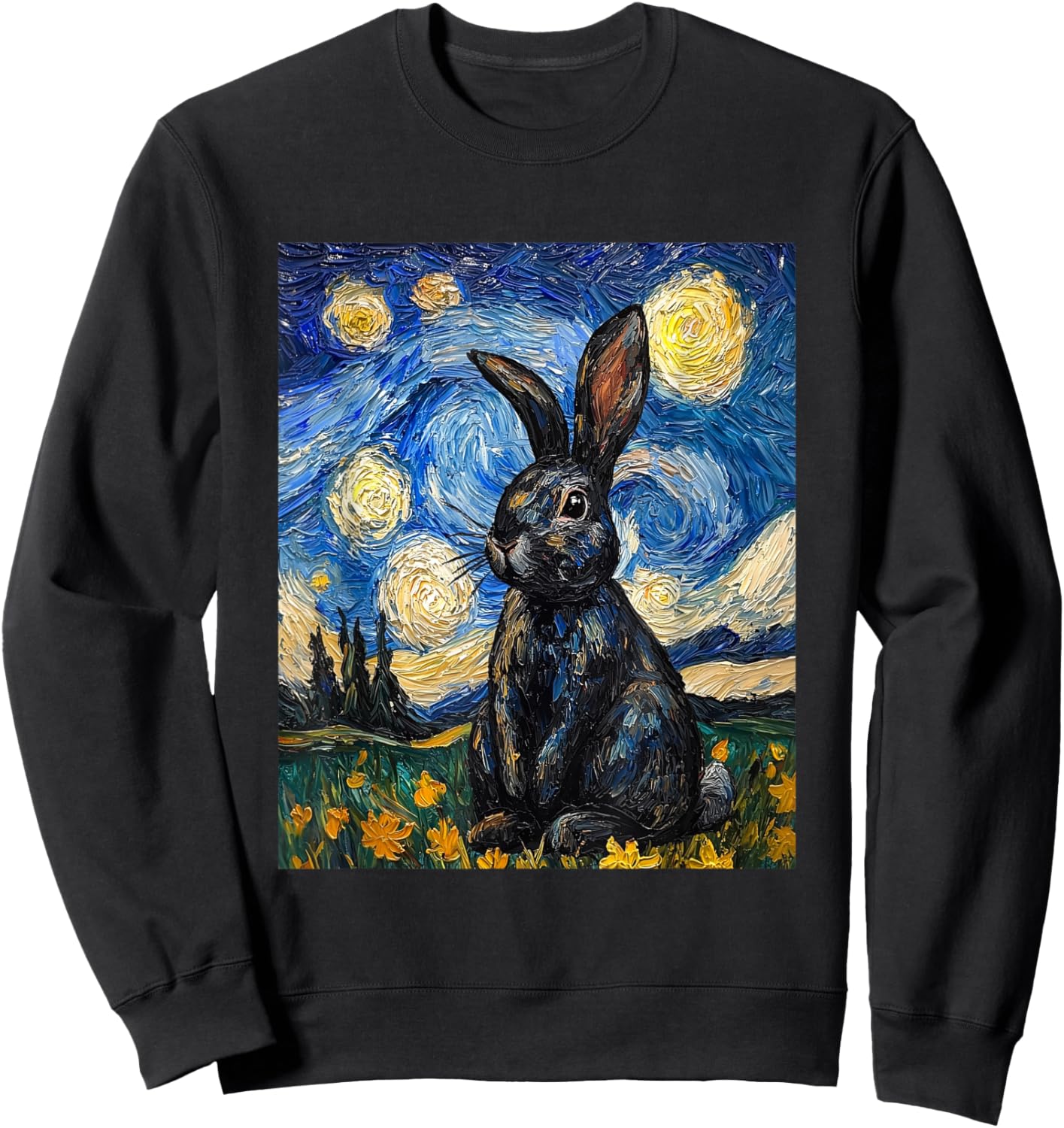 Cute Bunny Rabbit Van Gogh Style Starry Night Funny Graphic Sweatshirt - Sweatshirt | Black