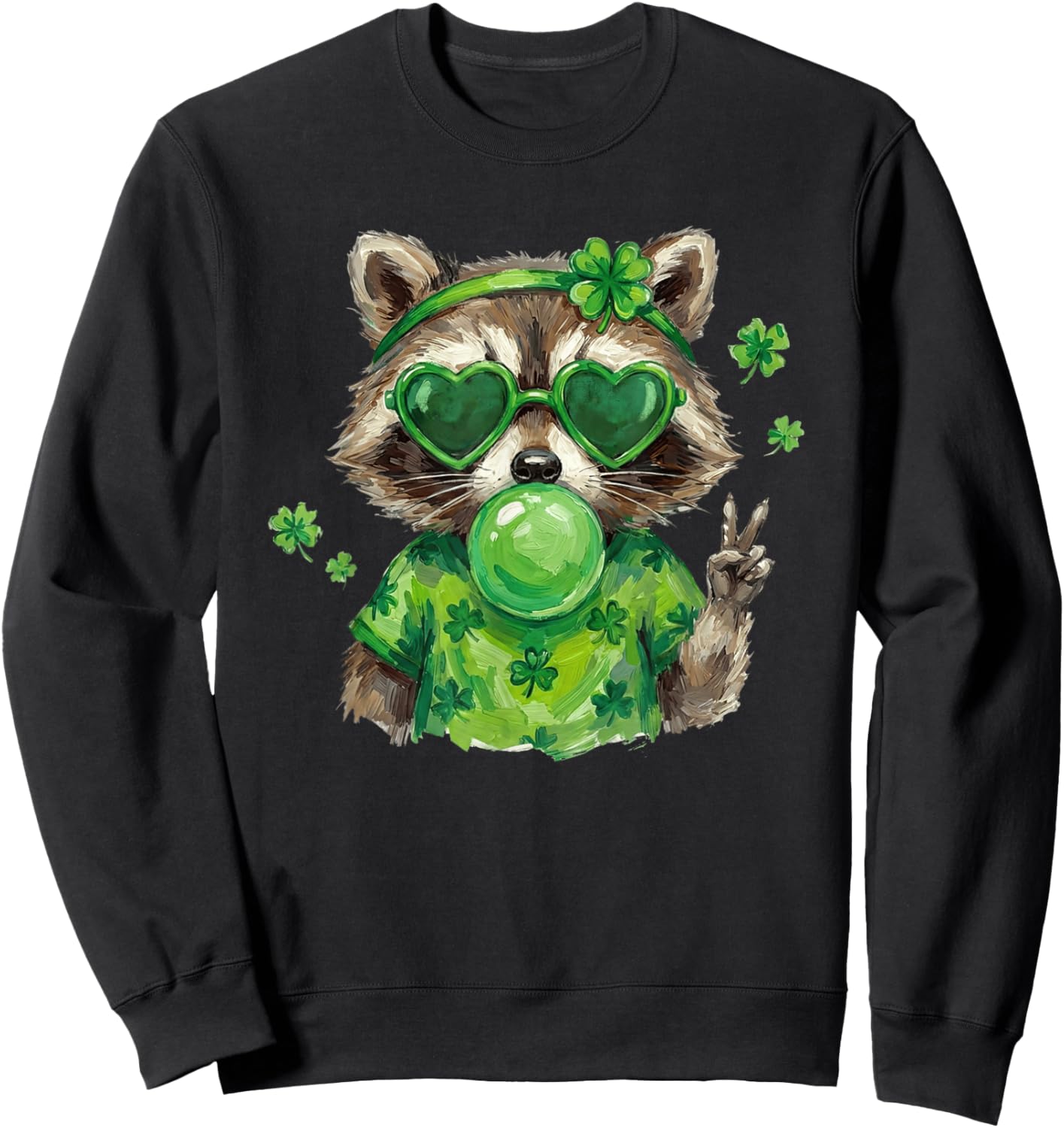 St Patricks Day Raccoon Blowing Bubblegum Shamrock Women Kid Sweatshirt - Sweatshirt | Black