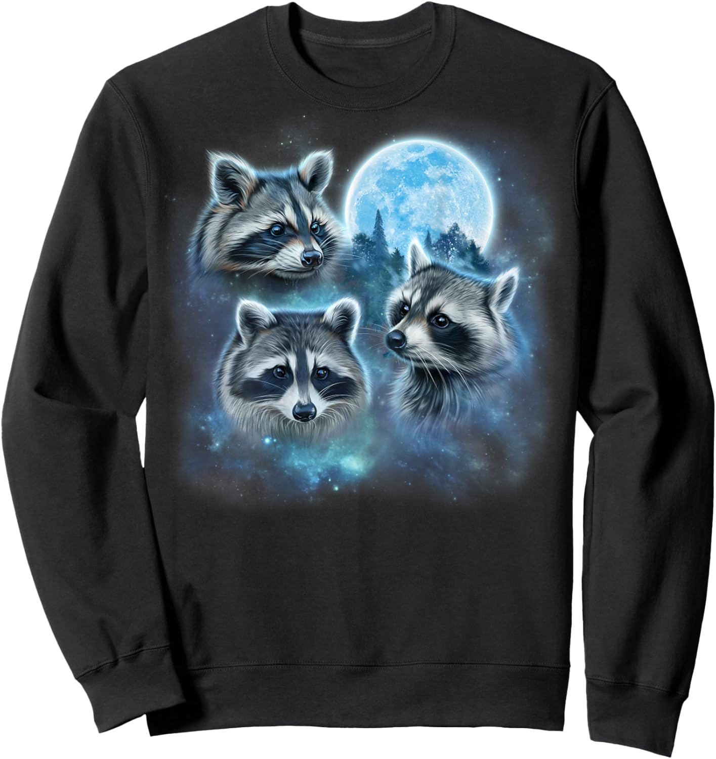 Three Raccoons Engulfed in Galaxy Clouds Under Icy Moon Sweatshirt - Sweatshirt | Black