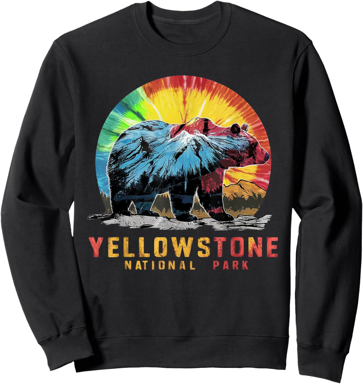 Vintage Yellowstone National Park Retro Mountains Tie Dye Sweatshirt - Sweatshirt | Black