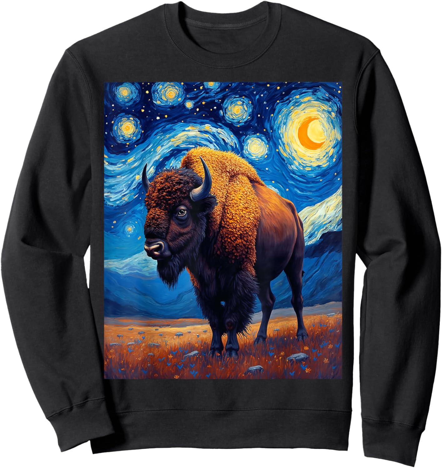 Van Gogh's Starry Night Bison American Buffalo Animal Lovers Sweatshirt - Sweatshirt | Black