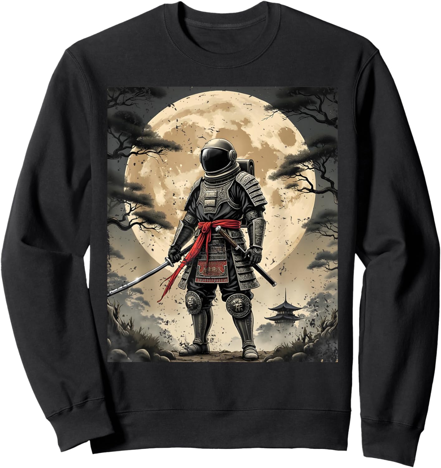 Samurai Astronaut Japanese Moon Vintage Graphic Ukiyo-e Art Sweatshirt - Sweatshirt | Black