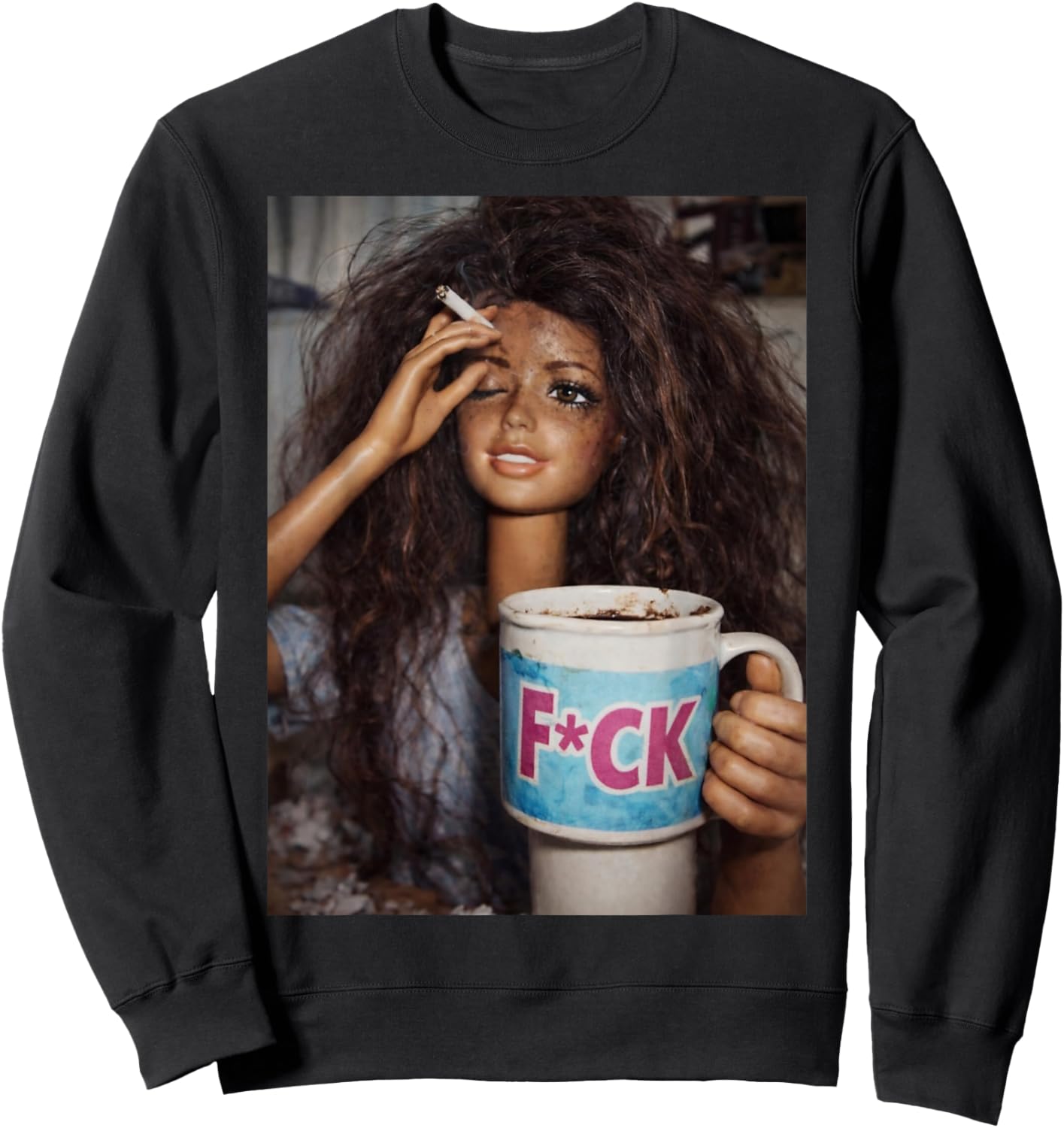 Funny Distressed Doll Face Meme Smoking Sarcastic Humor Gift Sweatshirt - Sweatshirt | Black