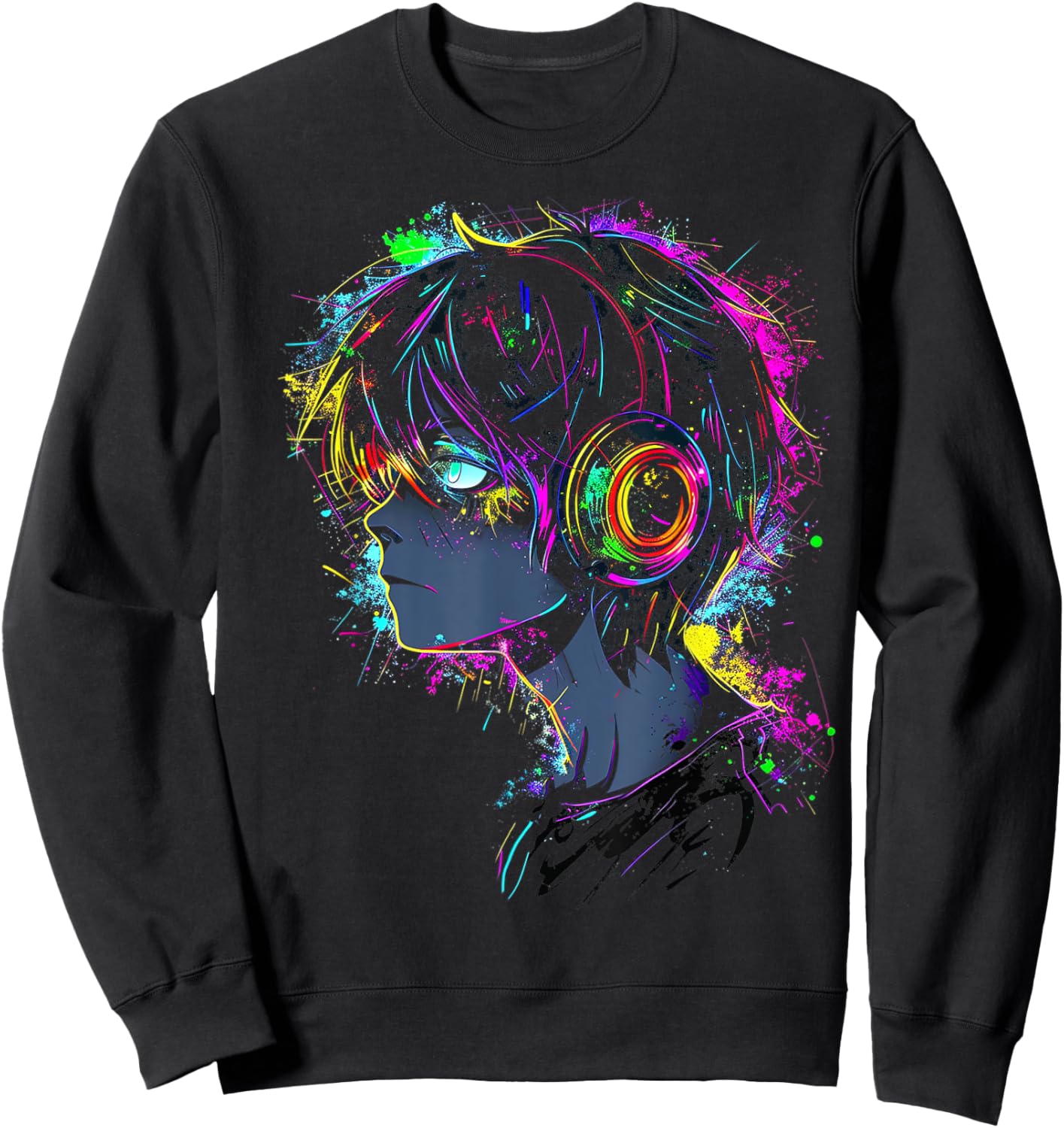 Anime Manga Graphic Headphone Illustration Anime Sweatshirt - Sweatshirt | Black