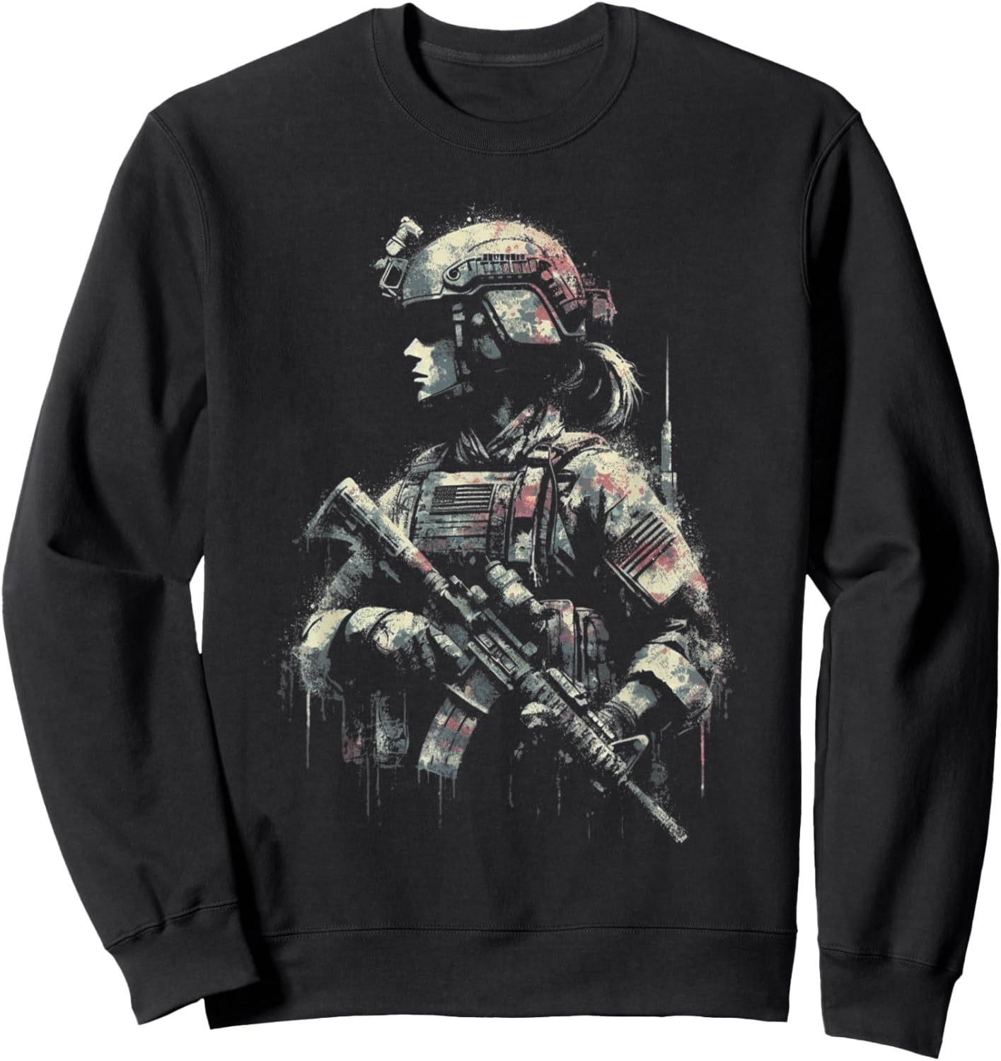 Female Soldier American Flag - Patriotic USA Veteran Sweatshirt - Sweatshirt | Black