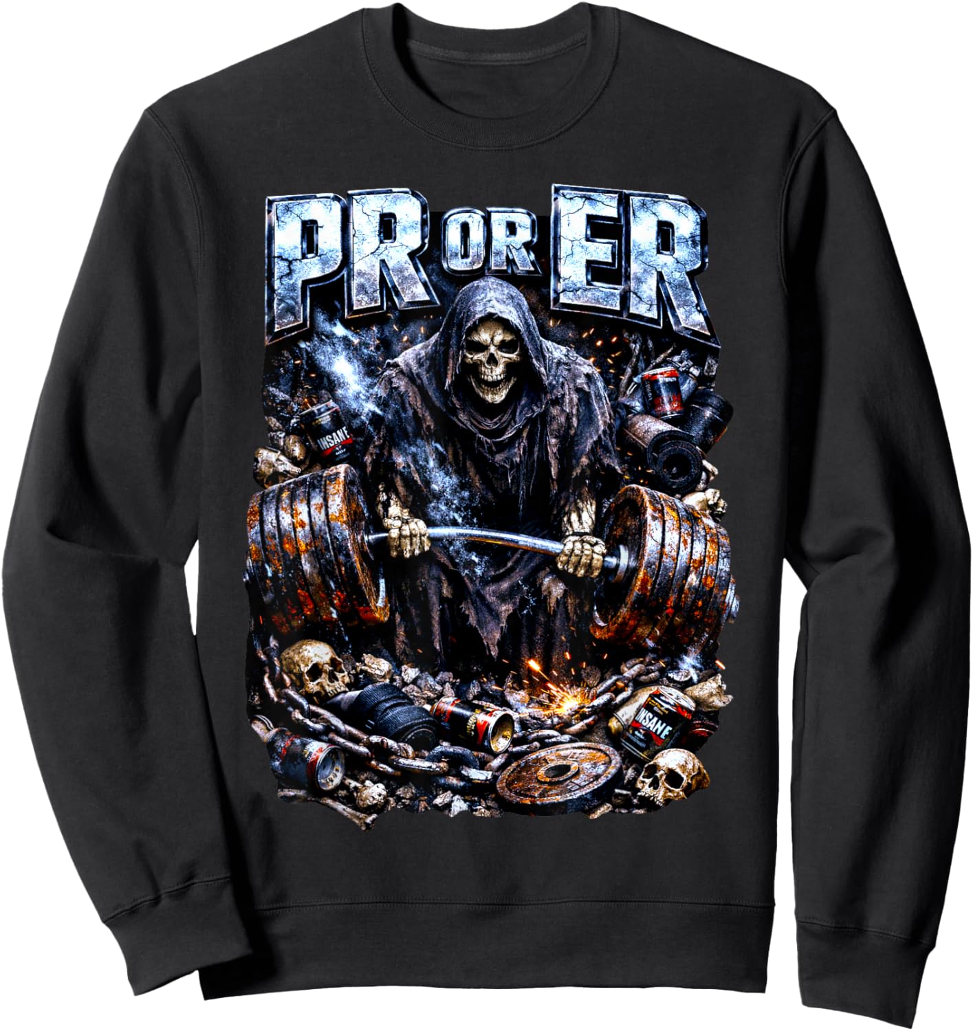 PR or ER Grim Reaper Gym Meme Weightlifting Skeleton Sweatshirt - Sweatshirt | Black