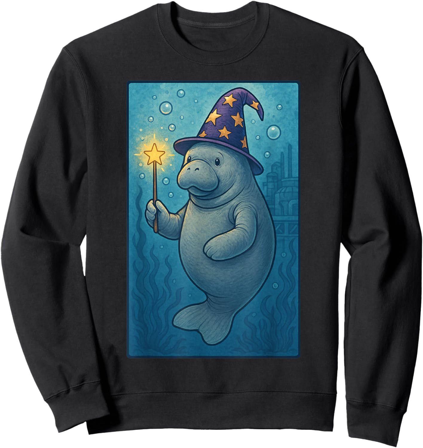 Halloween Manatee Wizard Hat Fantasy Artwork Sweatshirt - Sweatshirt | Black