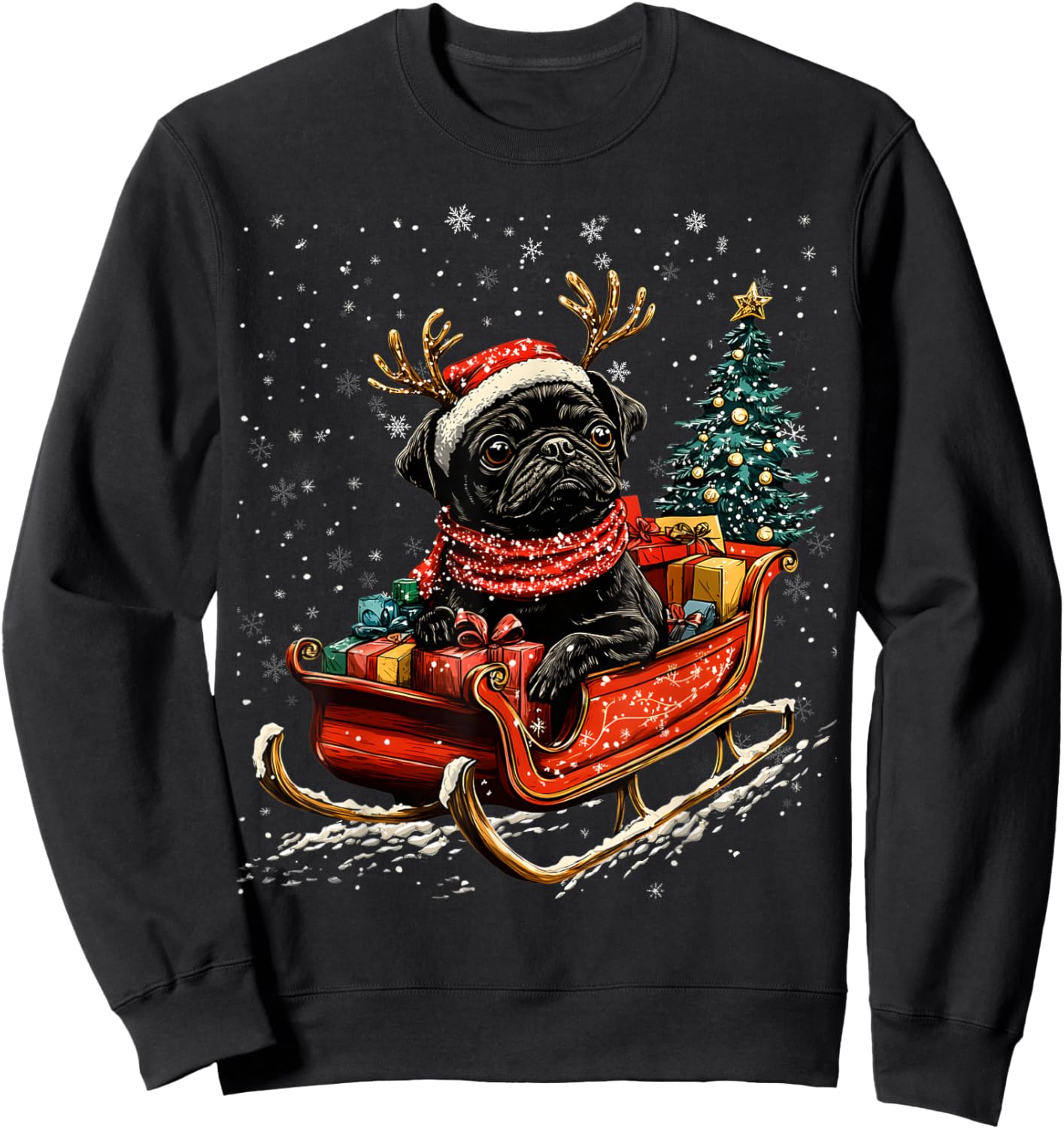 Santa Black Pug reindeer Light Christmas Sweatshirt - Sweatshirt | Black