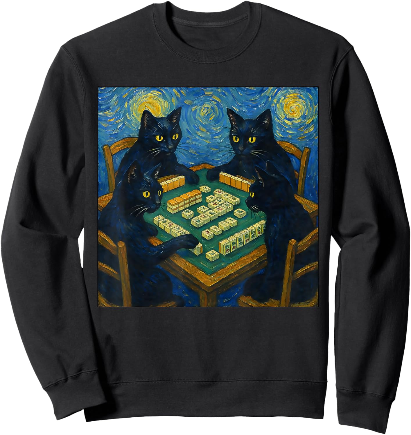 Mahjong cat Lover Van Gogh Starry Night Sweatshirt - Sweatshirt | Black