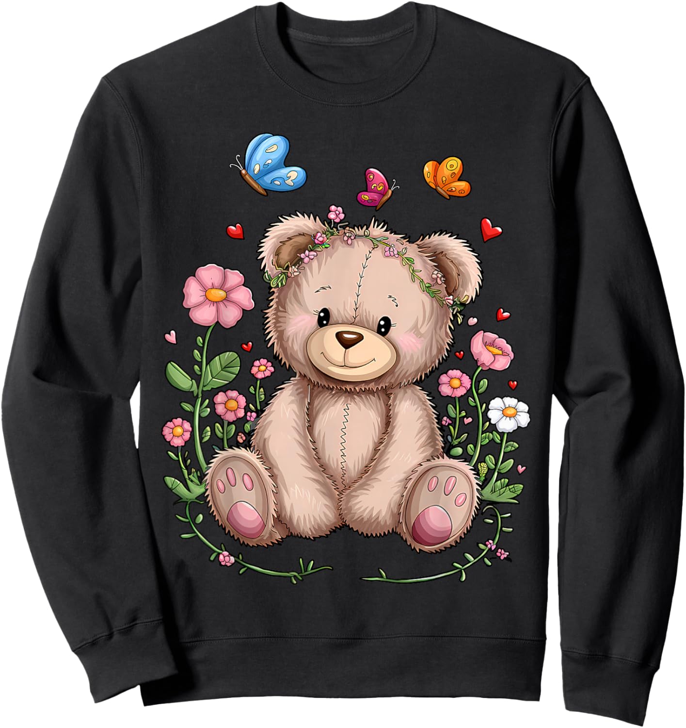 Cute Teddy Bear With Flowers I Kids Teddy Sweatshirt - Sweatshirt | Black