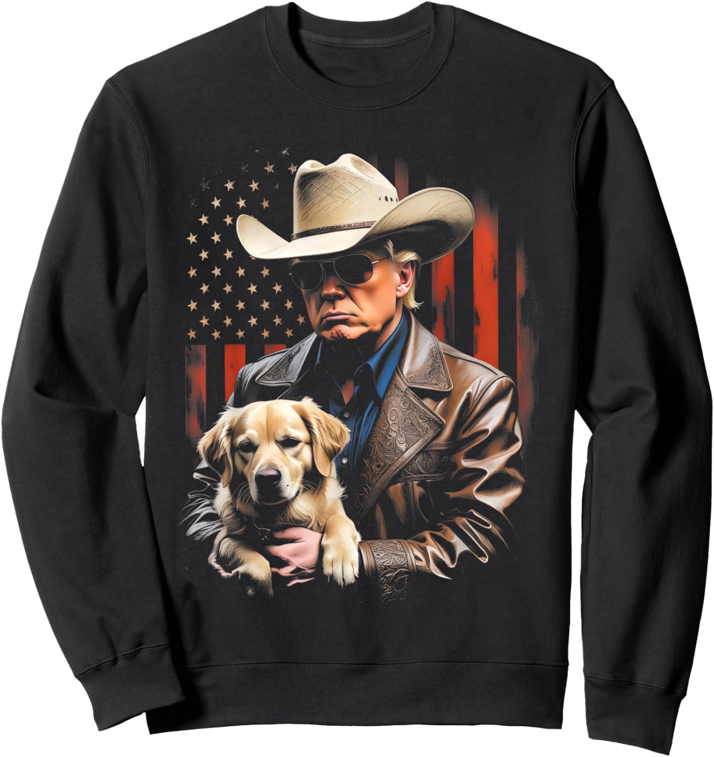 Trump and Golden Retriever Dog, American Flag Funny Cowboy Sweatshirt - Sweatshirt | Black