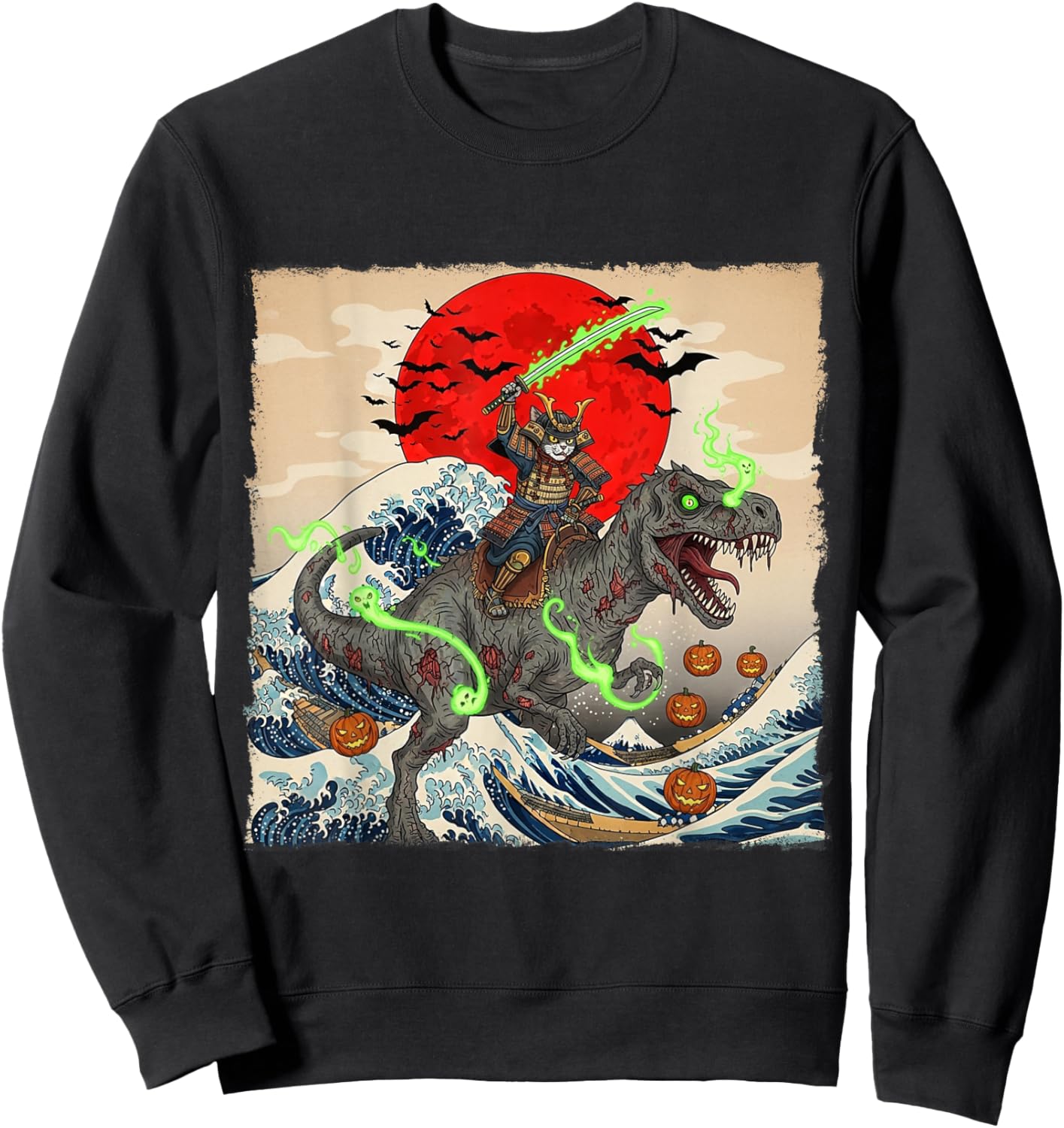 Samurai Cat vs Zombie Dinosaur Spooky Ukiyo-e Halloween Sweatshirt - Sweatshirt | Black