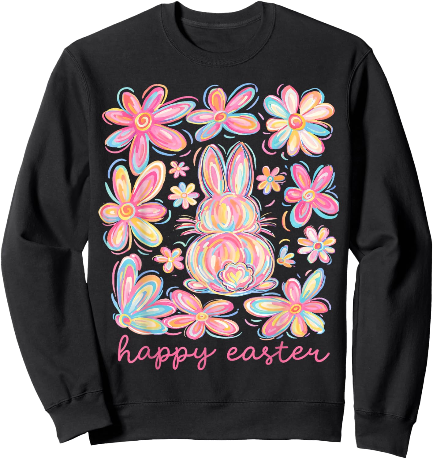 Floral Pink Bunny Cute Happy Easter Day Coquette Bow Flower Sweatshirt - Sweatshirt | Black