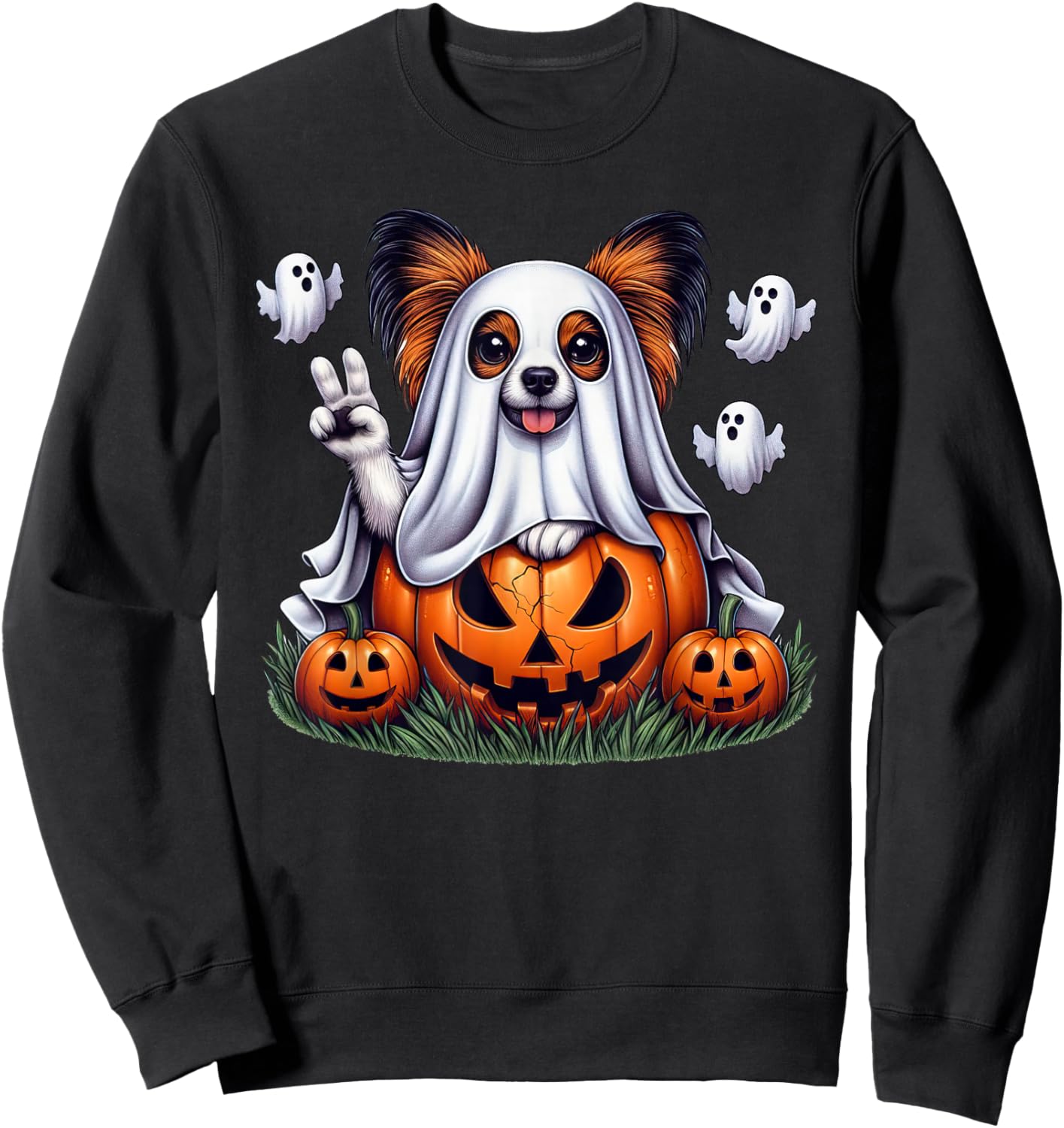 Funny Papillon Ghost Boo Halloween Papillon Kids Sweatshirt - Sweatshirt | Black