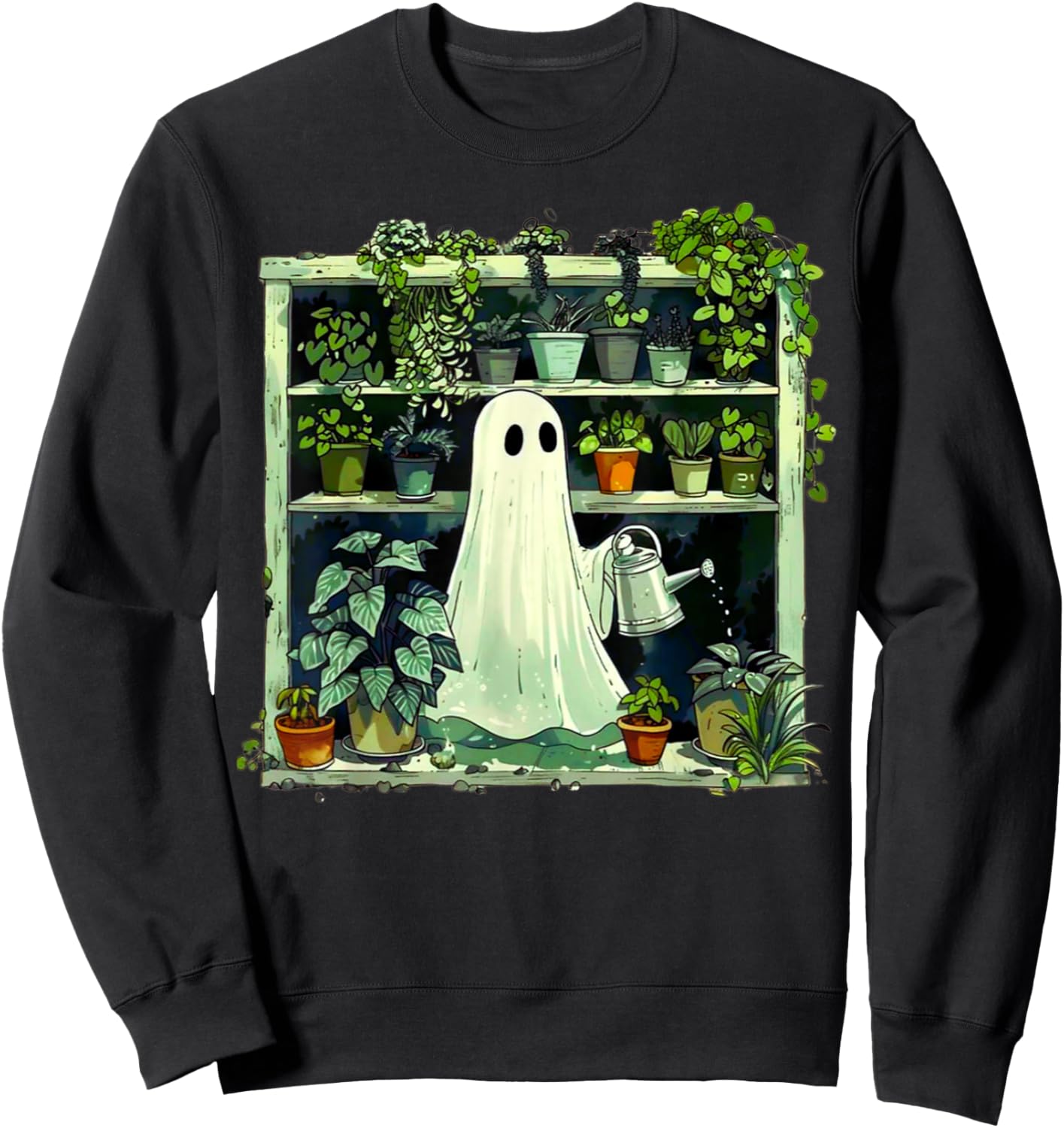 Spooky Ghost Watering Plants Funny Halloween Garden Lover Sweatshirt - Sweatshirt | Black