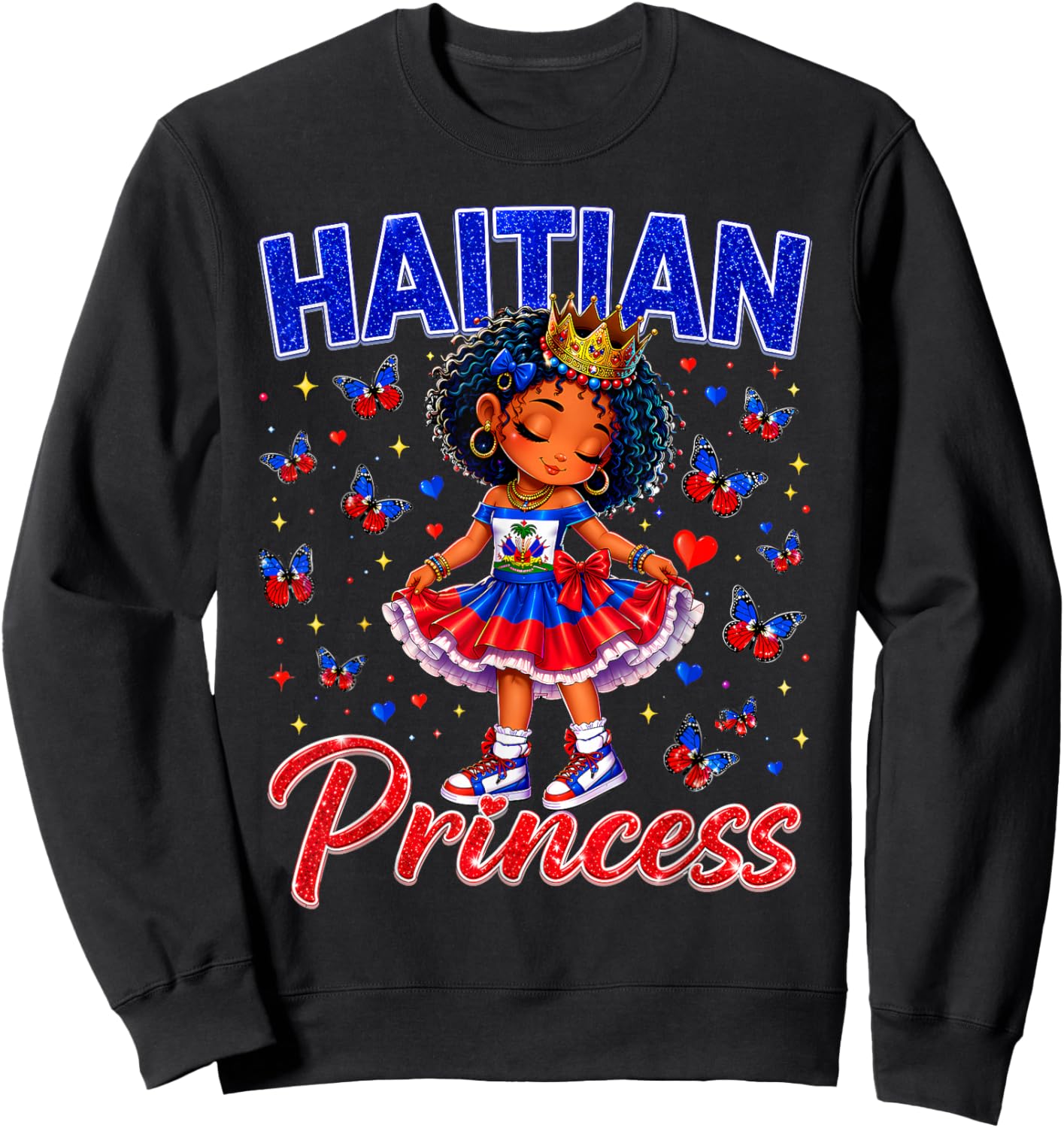 Cute Melanin Haitian Princess Haiti Flag Gift Girls Kids Sweatshirt - Sweatshirt | Black