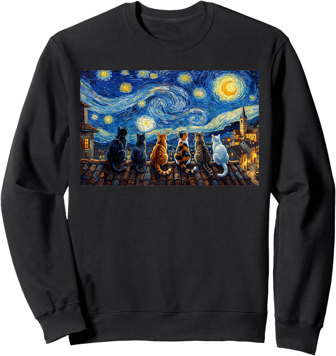 Funny Cat Starry Night Van Gogh Cats Rooftop Scene Feline Sweatshirt - Sweatshirt | Black