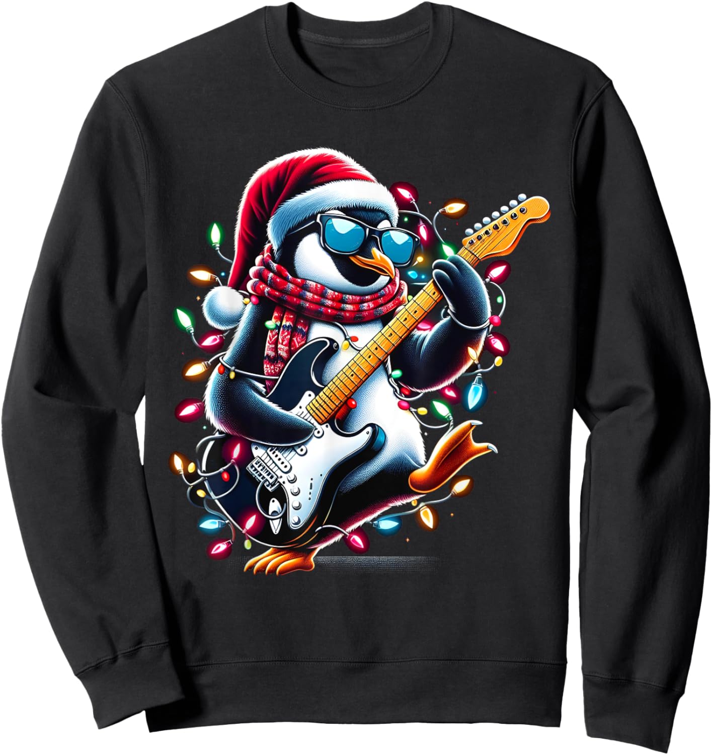 Penguin Playing Guitar Toddler Penguin Christmas Light Xmas Sweatshirt - Sweatshirt | Black