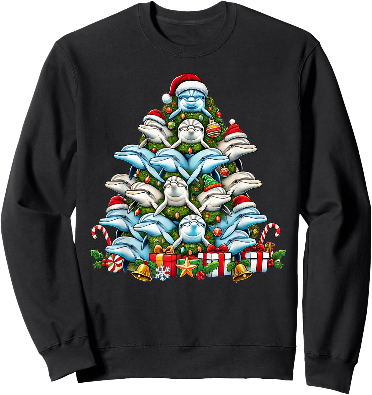 Dolphin Christmas Tree Funny Dolphin Xmas Sweatshirt - Sweatshirt | Black