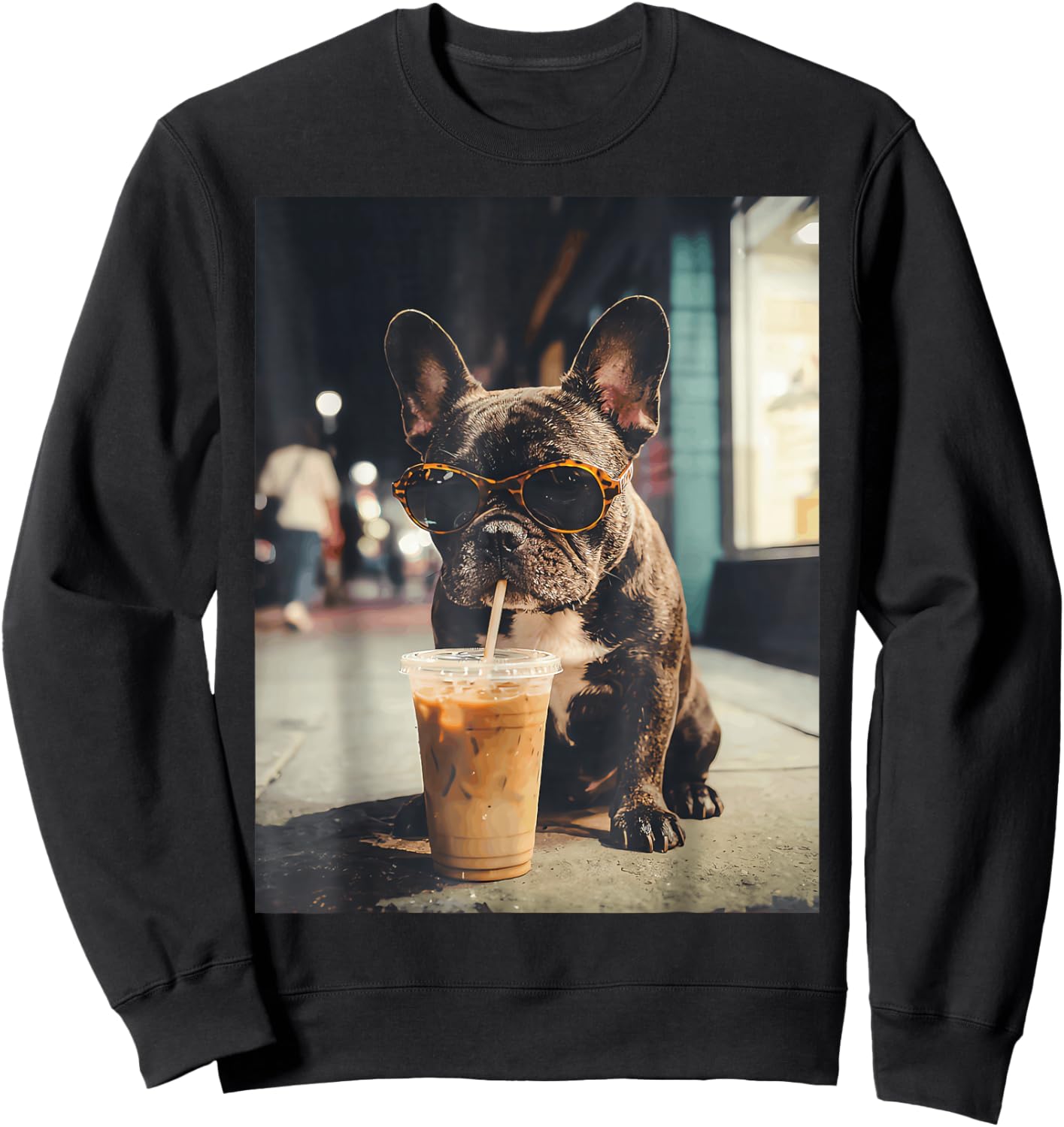 Französische Bulldogge trinkt Eiskaffee, lustiges Tier Sweatshirt - Sweatshirt | Black