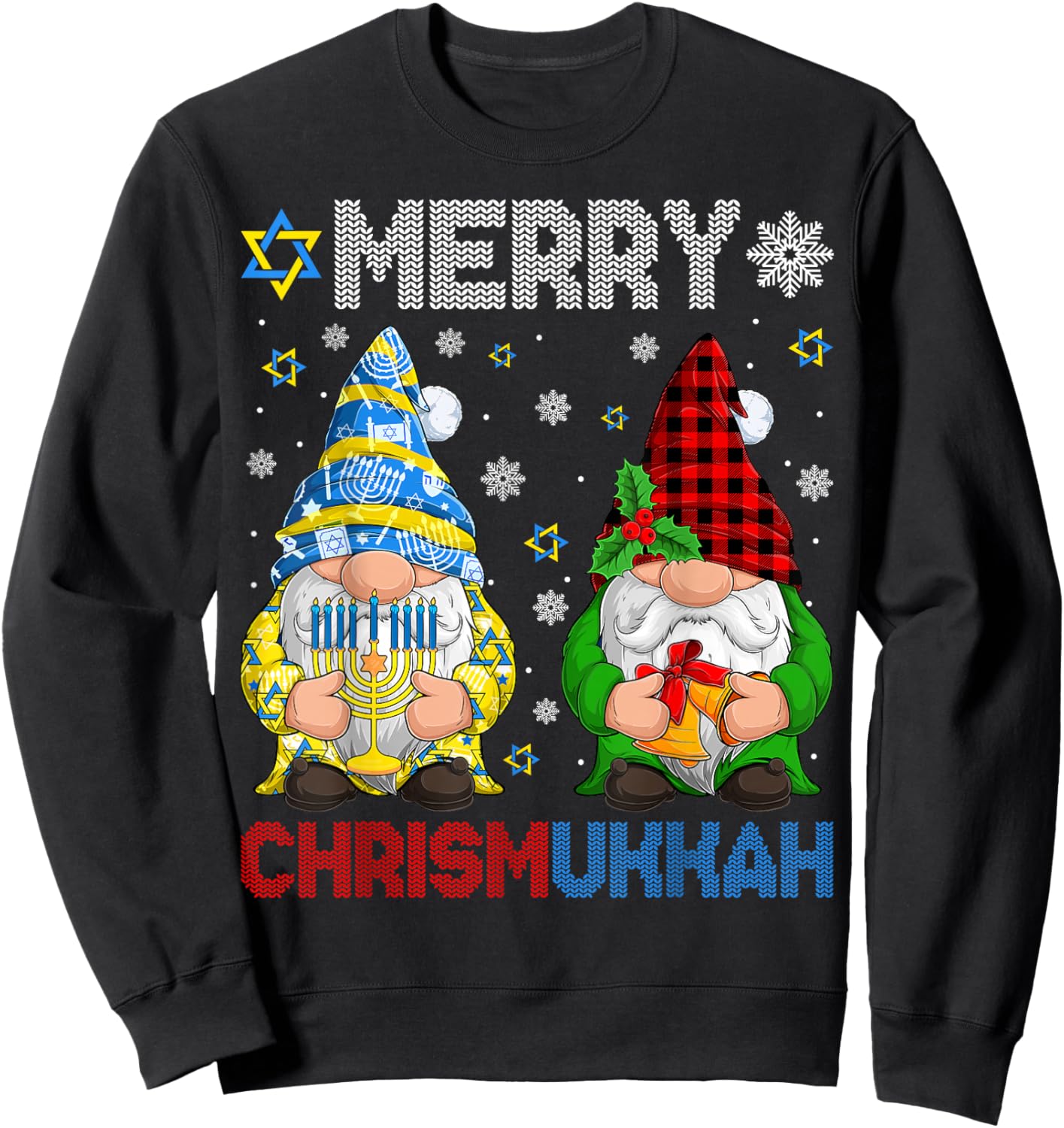 Merry Chrismukkah Jewish Gnome Christmas Chanukah Pajamas Sweatshirt - Sweatshirt | Black