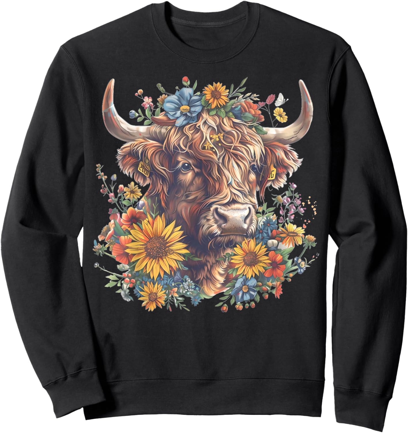 Cute Highland Cow With Sunflowers Funny Calf Animal Farm Sweatshirt - Sweatshirt | Black
