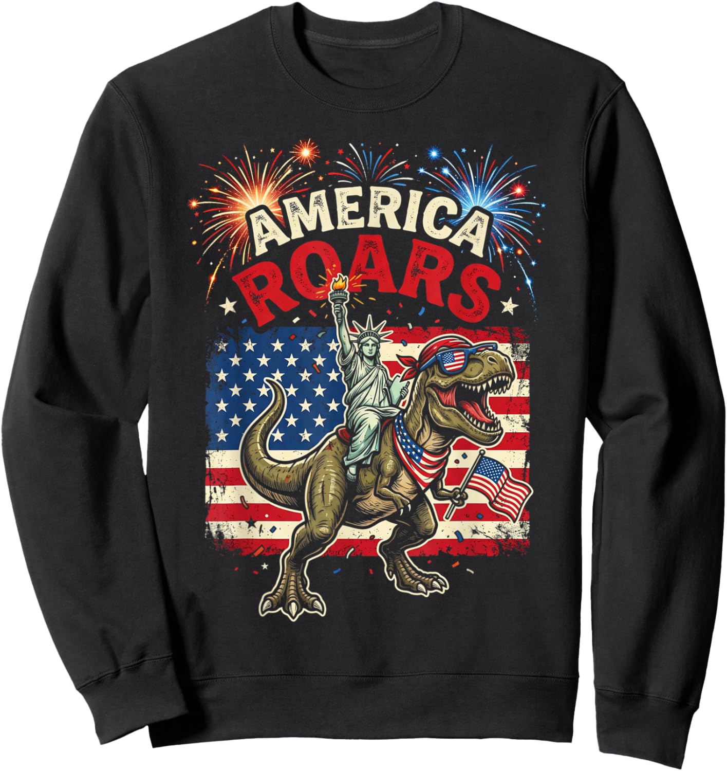 Statue of Liberty American Dinosaur Funny 4th of July Boys Sweatshirt - Sweatshirt | Black