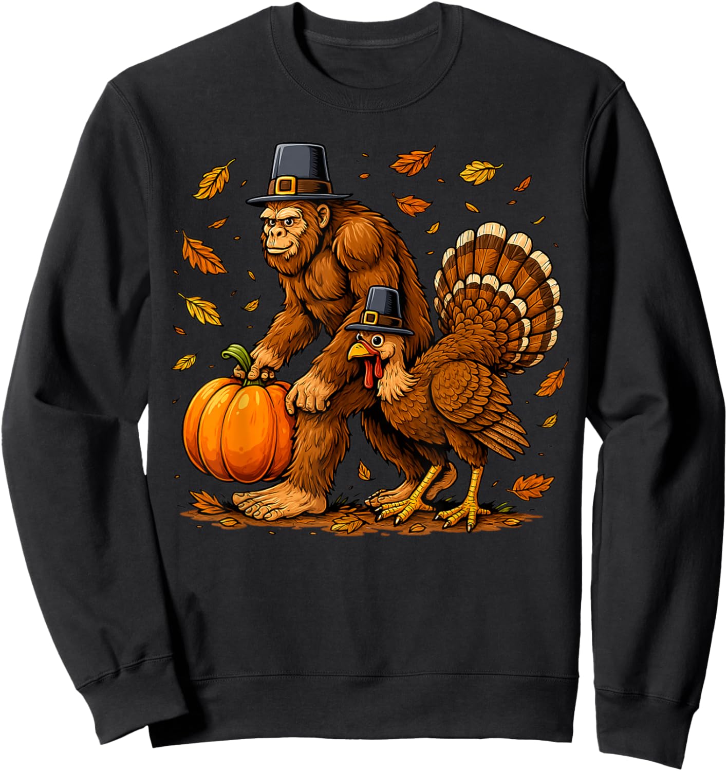 Bigfoot Pilgrim Turkey Pumpkin Thanksgiving Sasquatch Sweatshirt - Sweatshirt | Black